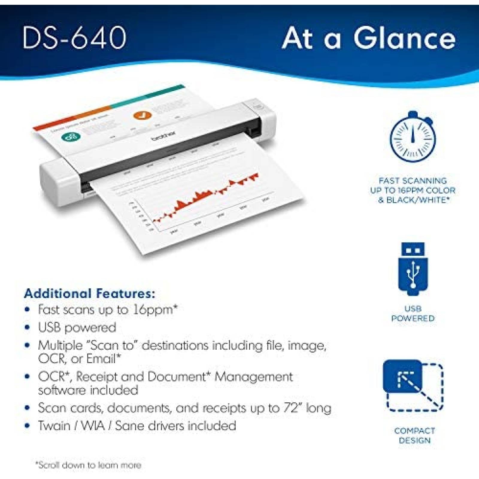 Escaner Brother 2.5 Watts USB 11.9" x 2.2" x 1.4" -Blanco