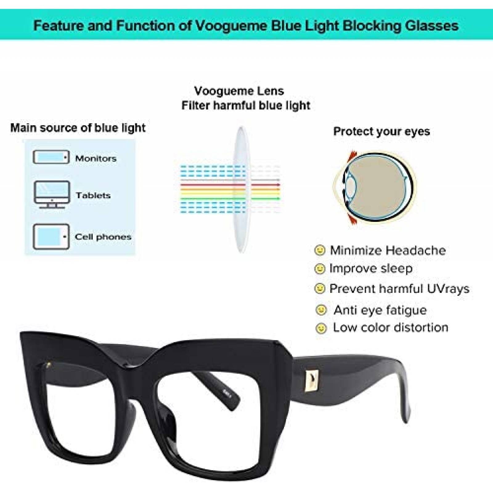 Lentes Voogueme Mujer Bloquea Luz UV Cuadrados -Negro