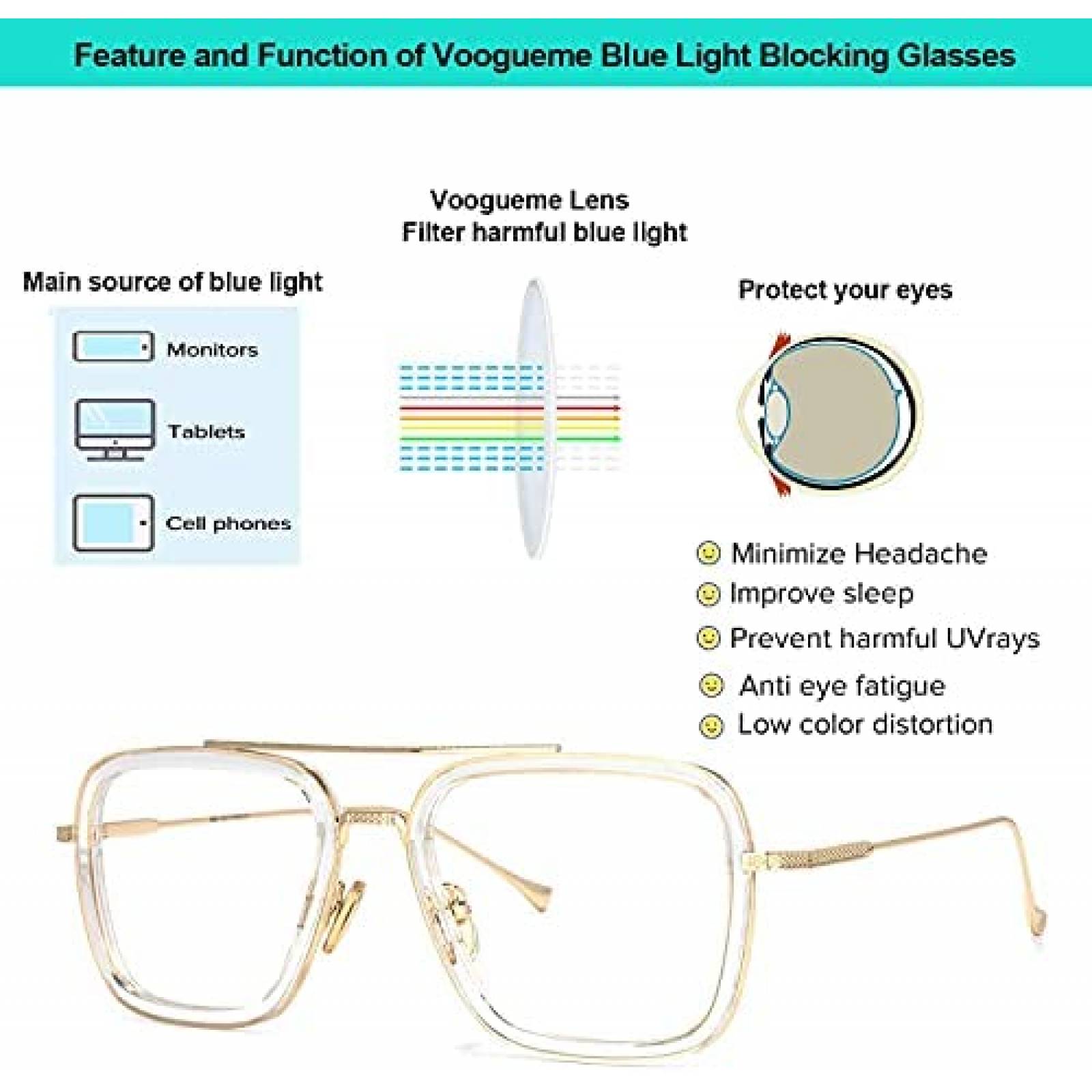 Lentes de Bloqueo de Luz Azul Voogueme Aviador -Dorado