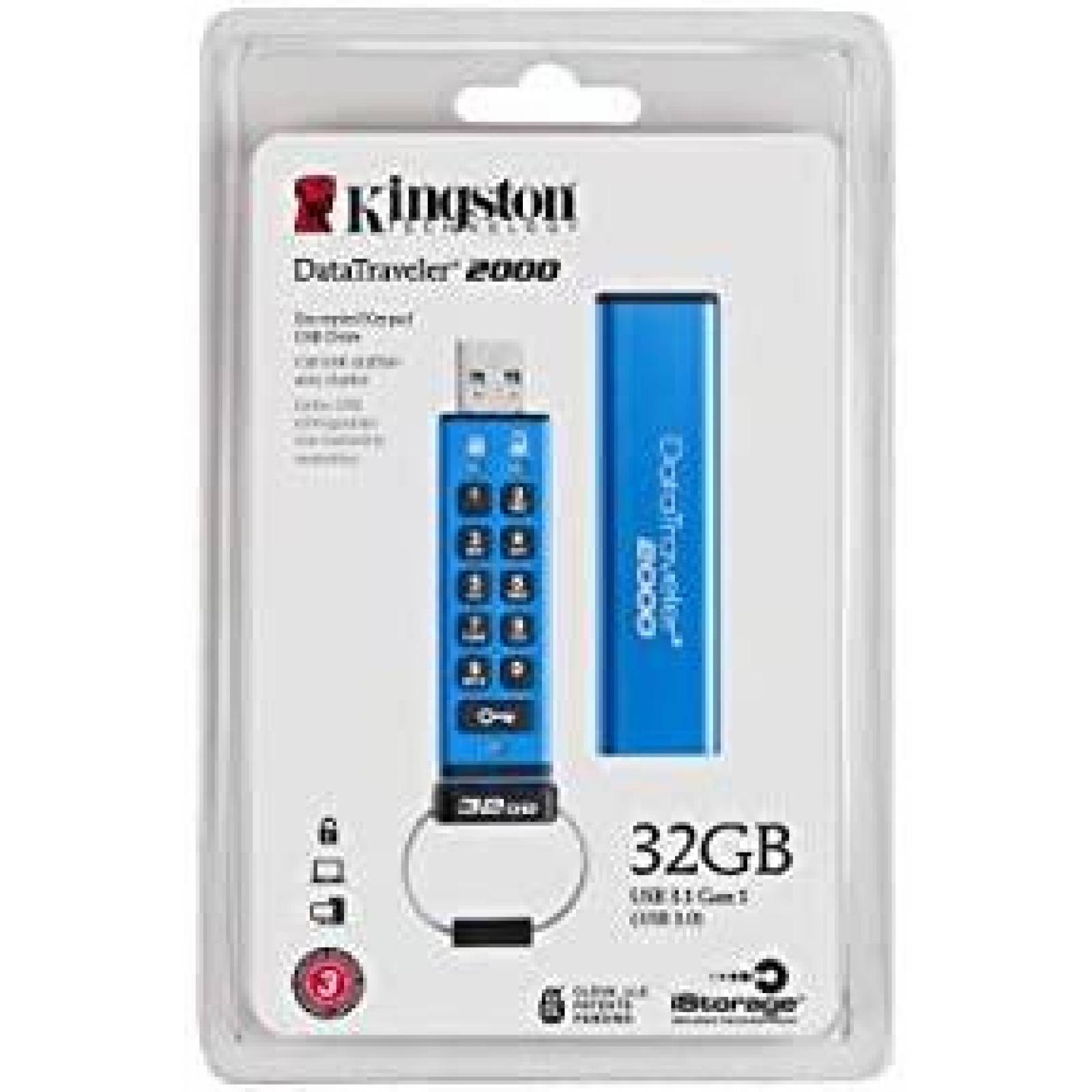 USB con cifrado Kingston DT2000 32GB AES 3.0 135mb -Azul