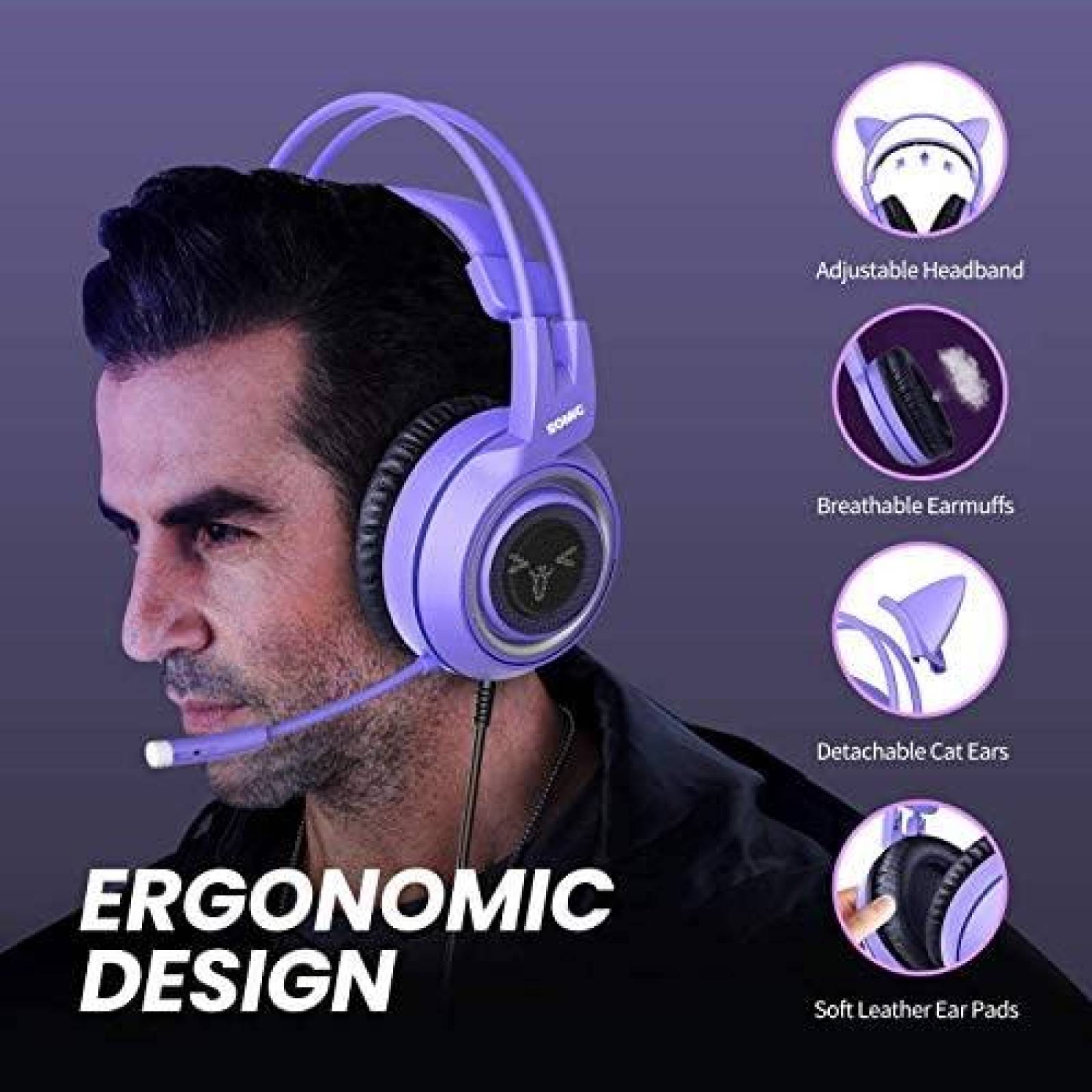 Audifonos Gamer SOMIC Estereo Con Orejas De Gato -Morado