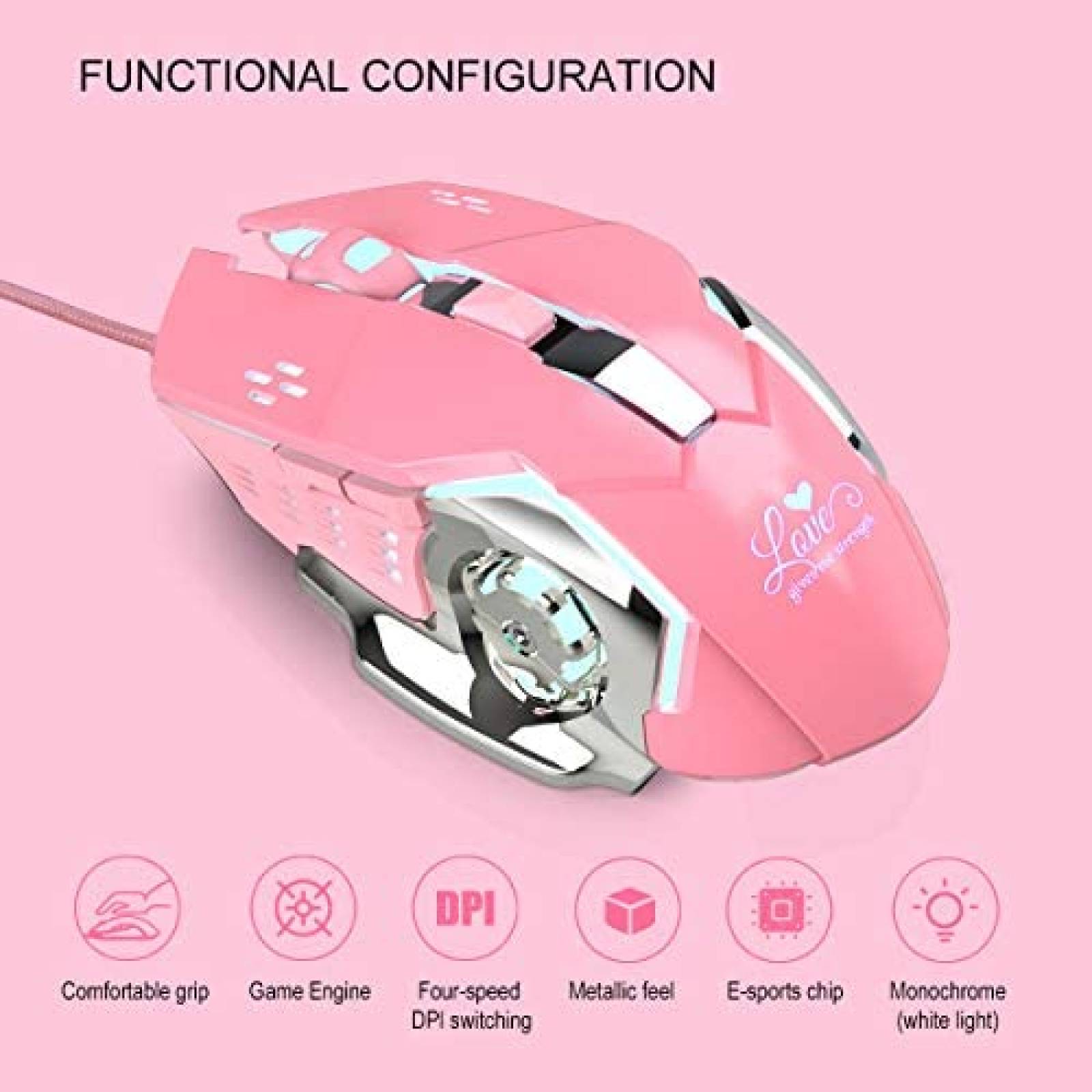 Mouse Attoe con cable 6 botones ergonomico optico -Rosa