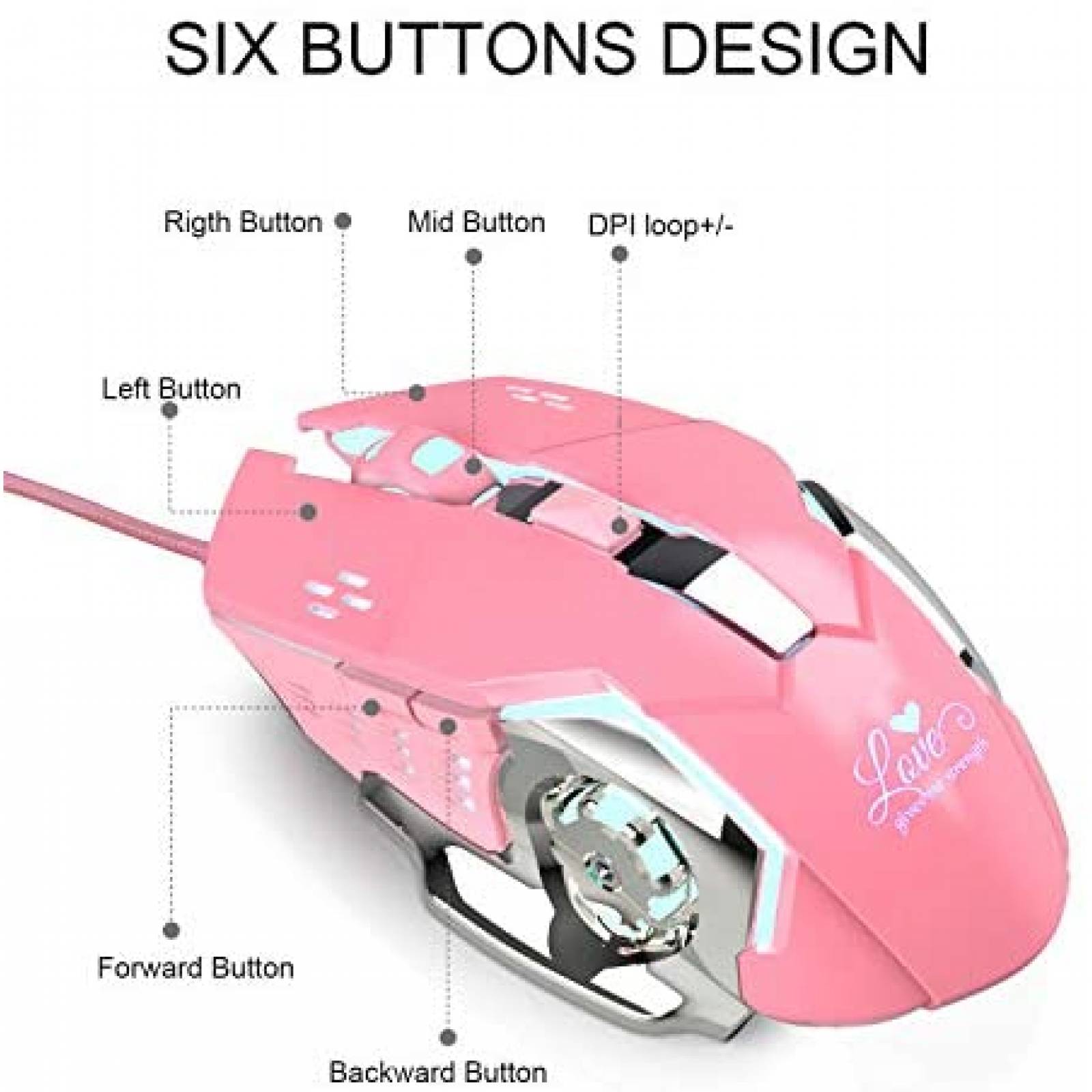 Mouse Attoe con cable 6 botones ergonomico optico -Rosa