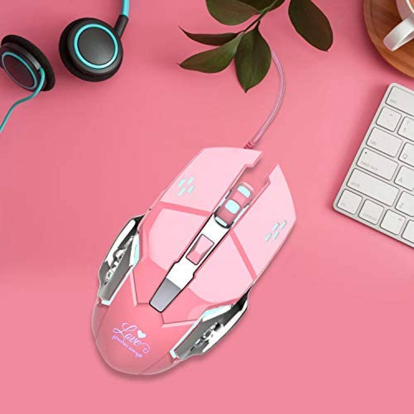 Mouse Attoe con cable 6 botones ergonomico optico -Rosa