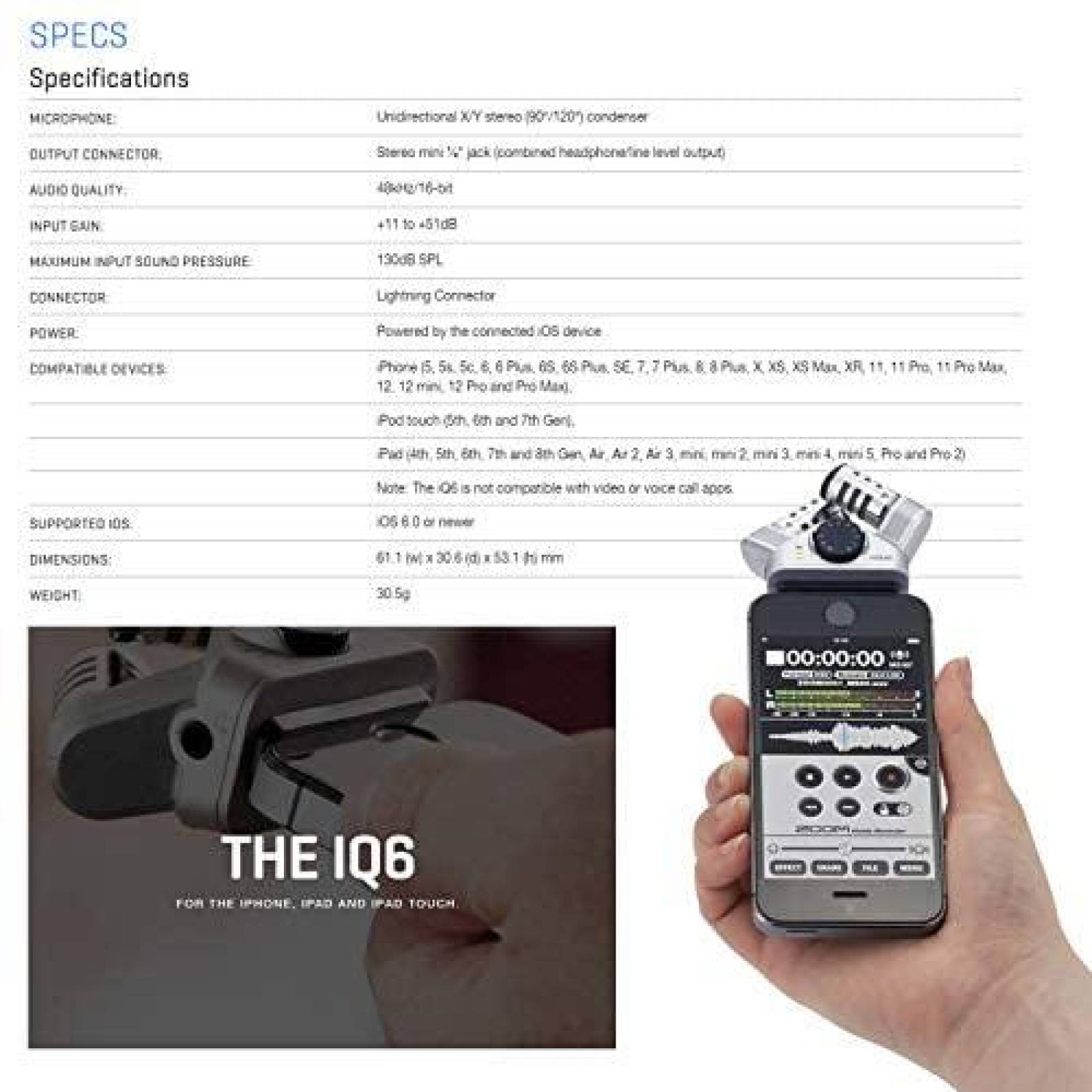 Microfono Zoom iQ6 X/Y Unidireccional + Accesorios -Gris