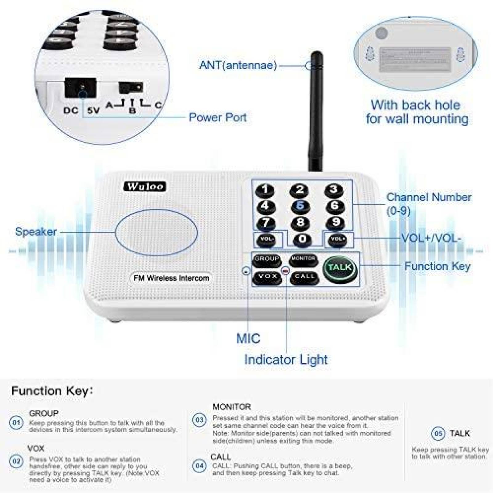 Intercom 4 Pzs Wuloo Rango de 5280 Pies/10 Canales -Blanco