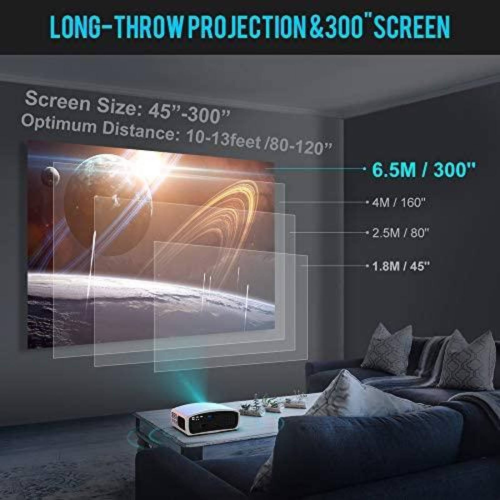Proyector WiMiUS 6800 Lumenes 1080p Contraste 8000:1 -Blanco