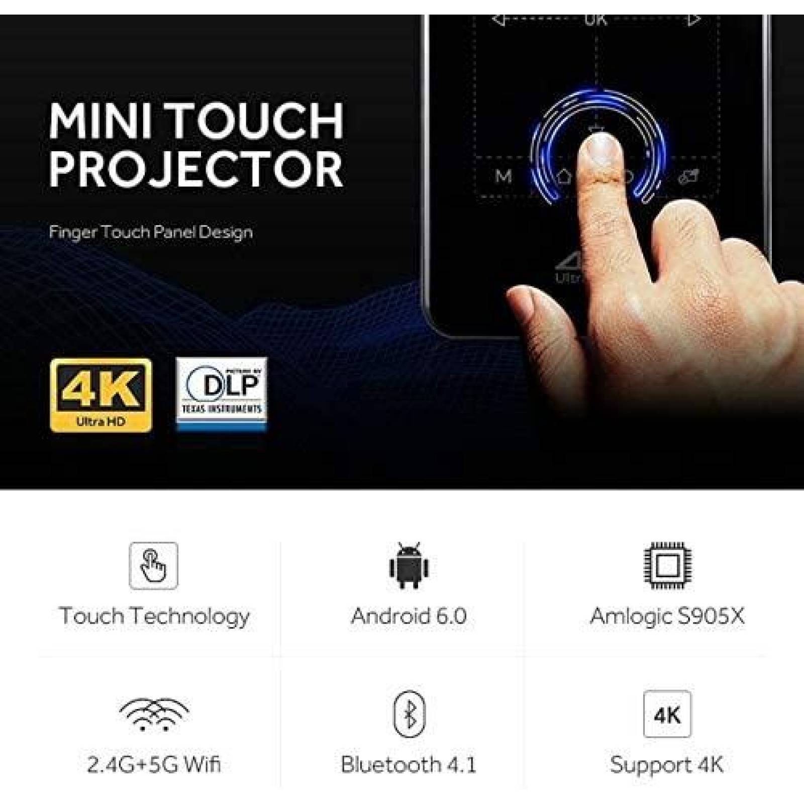Mini proyector ROMIX portatil inteligente DLO, HD 4K -Negro