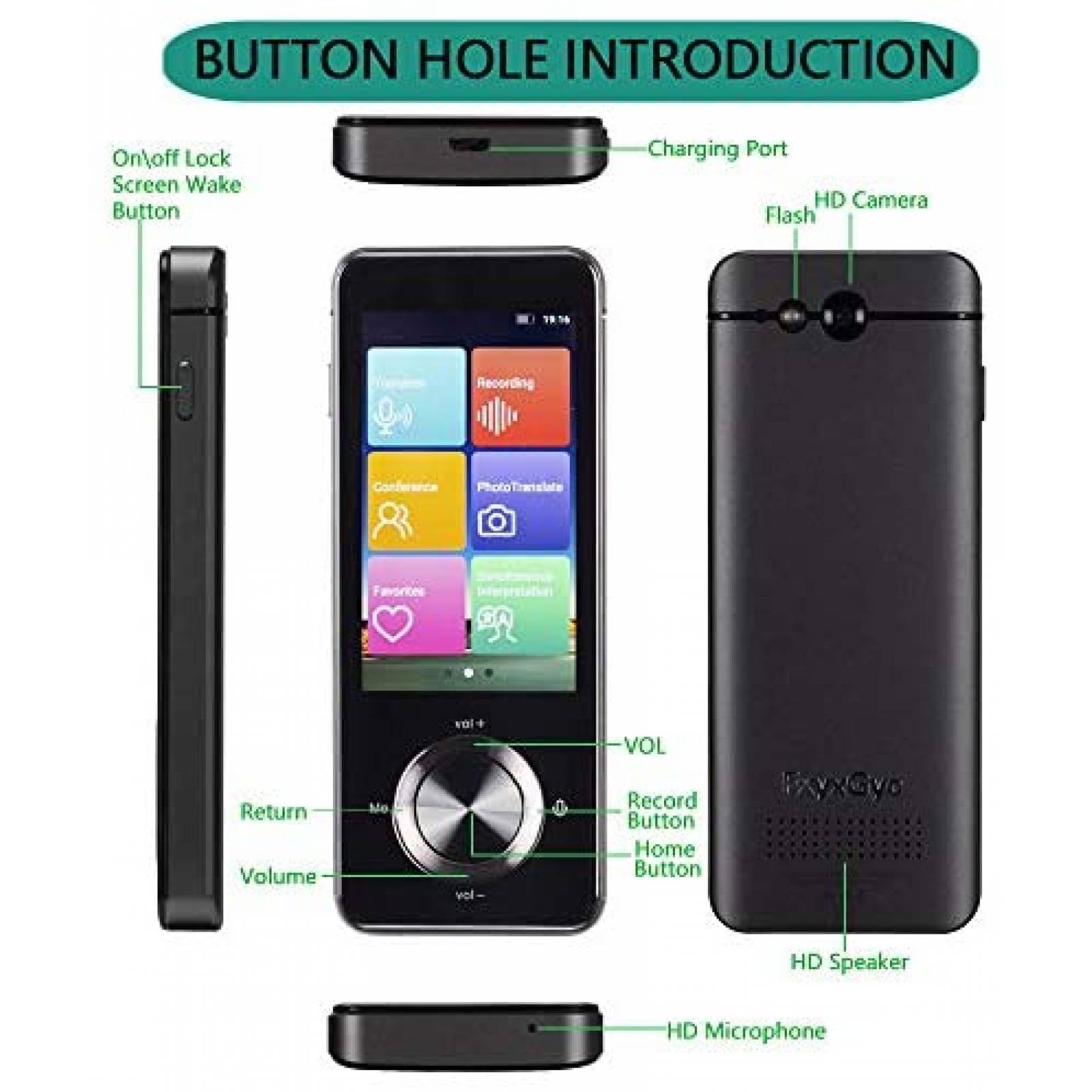 Traductor Portatil FxyxGyc con 107 Lenguajes -Negro