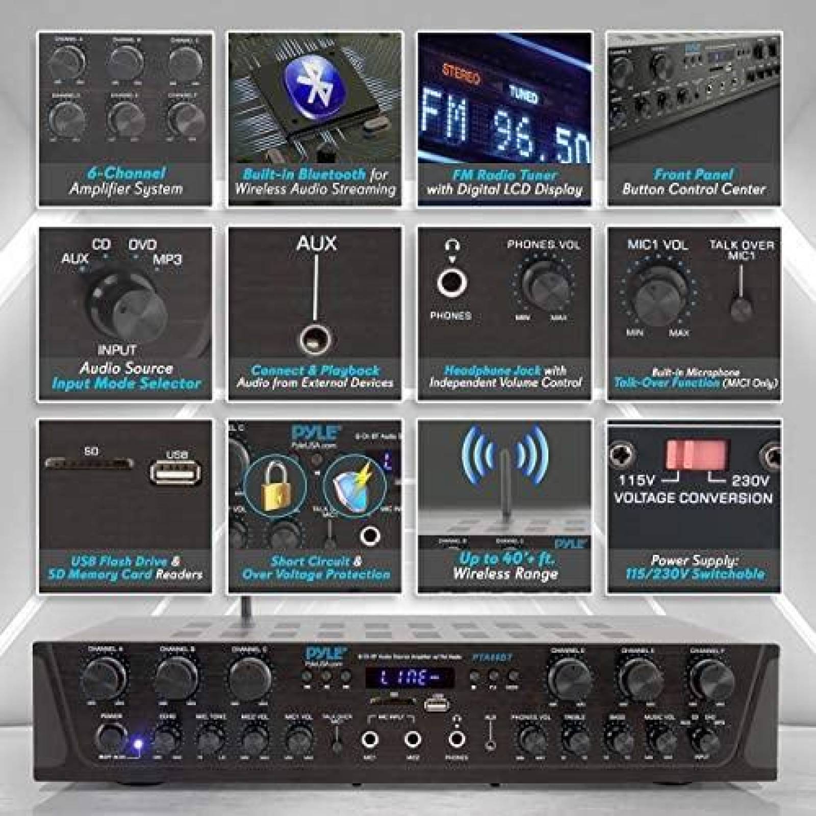 Amplificador de Sonido Pyle LCD 6Ch 600W USB AUX FM -Negro