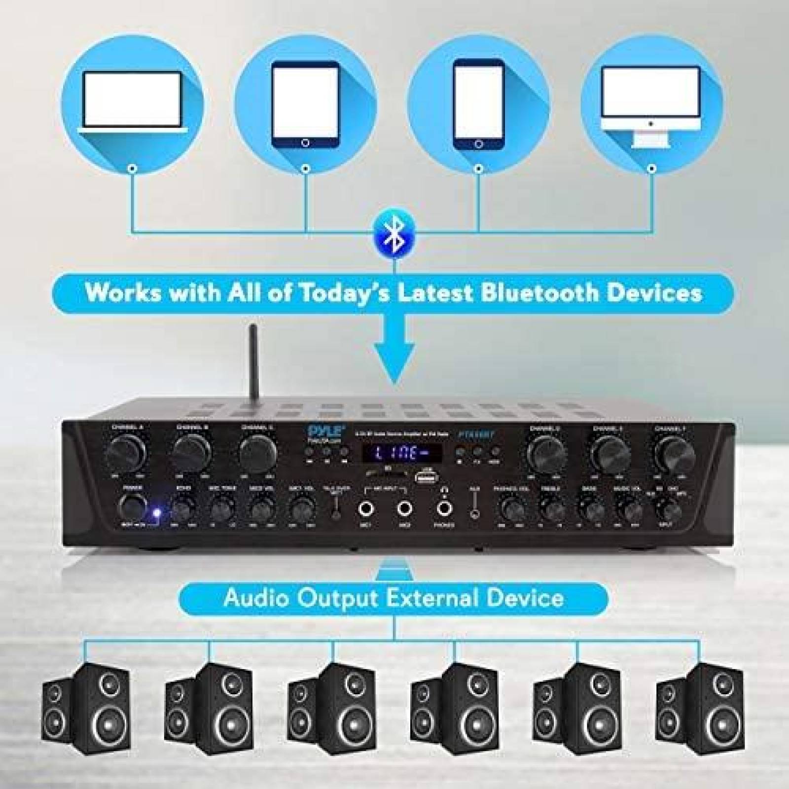 Amplificador de Sonido Pyle LCD 6Ch 600W USB AUX FM -Negro