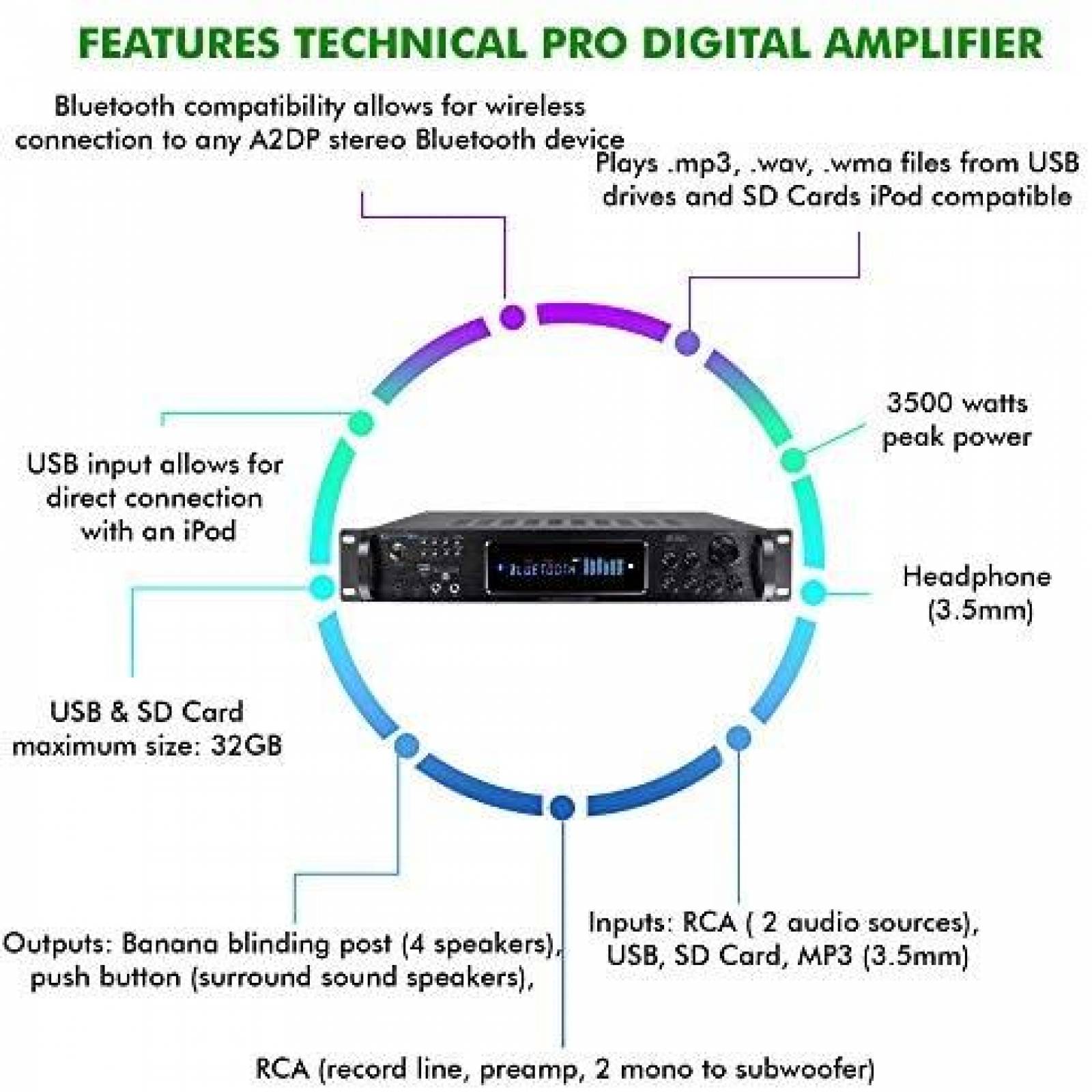 Amplificador Technical Pro 3500 Watts USB/SD -Negro