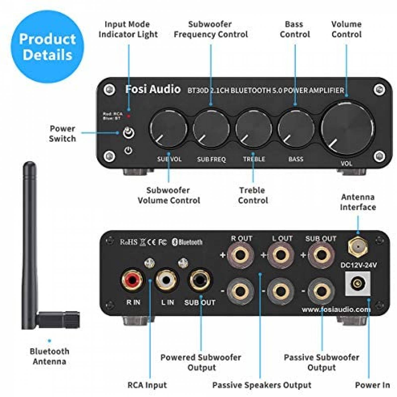 Amplificador Fosi Audio BT30D 50-200 Watt 2.1CH -Negro