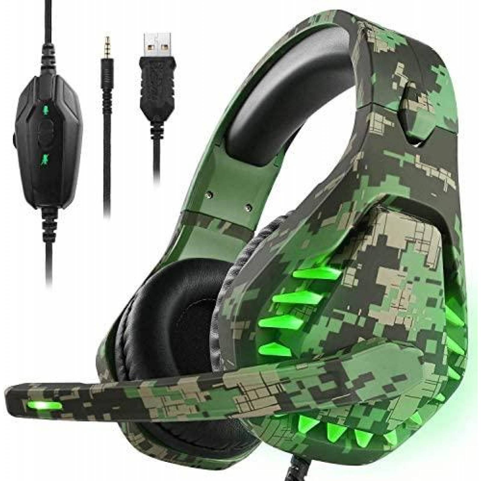 Audifonos Gamer ENVEL Sonido 7.1 Luz LED -Camuflaje Verde