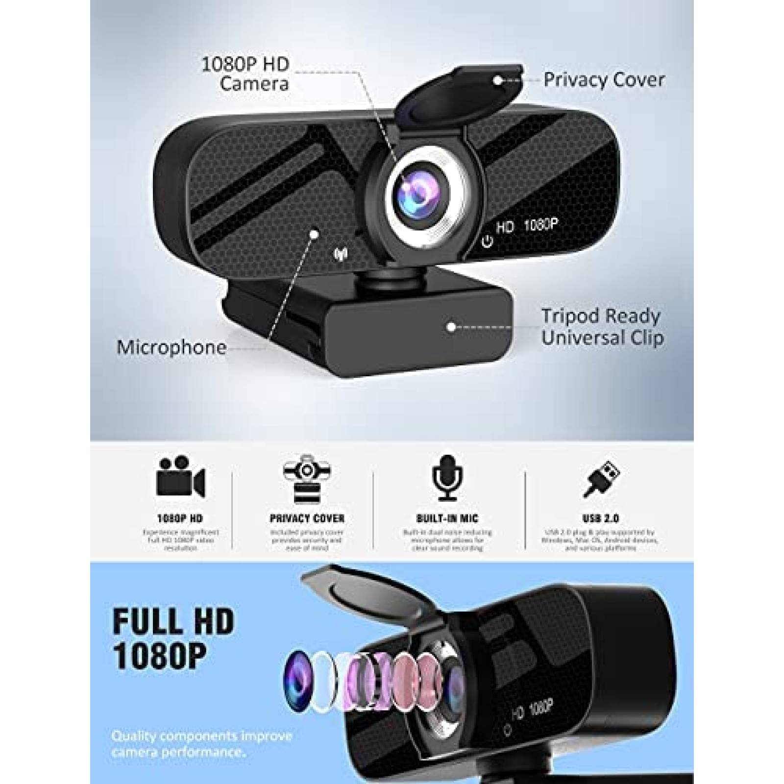 Webcam Tewiky USB FUll HD 1080P de 30 fps con Tripie -Negro