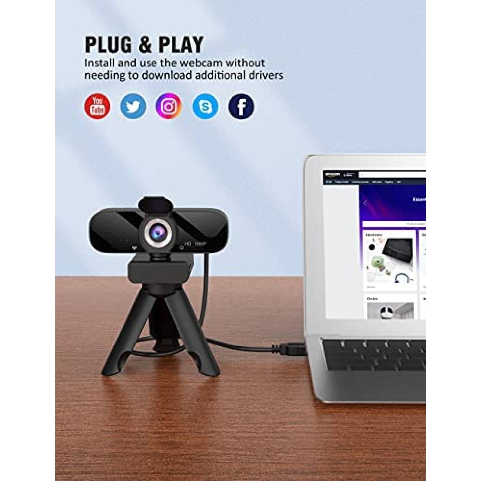 Webcam Tewiky USB FUll HD 1080P de 30 fps con Tripie -Negro