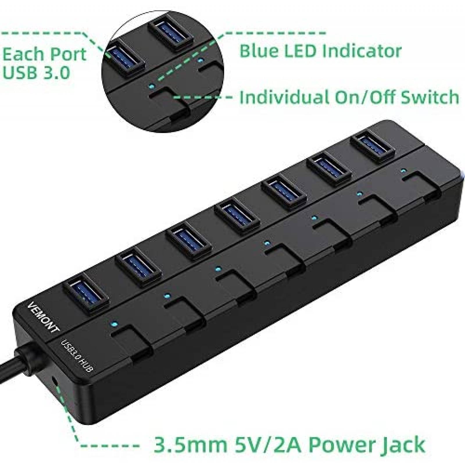 Adaptador USB VEMONT 7 puertos Extension Laptop -Negro
