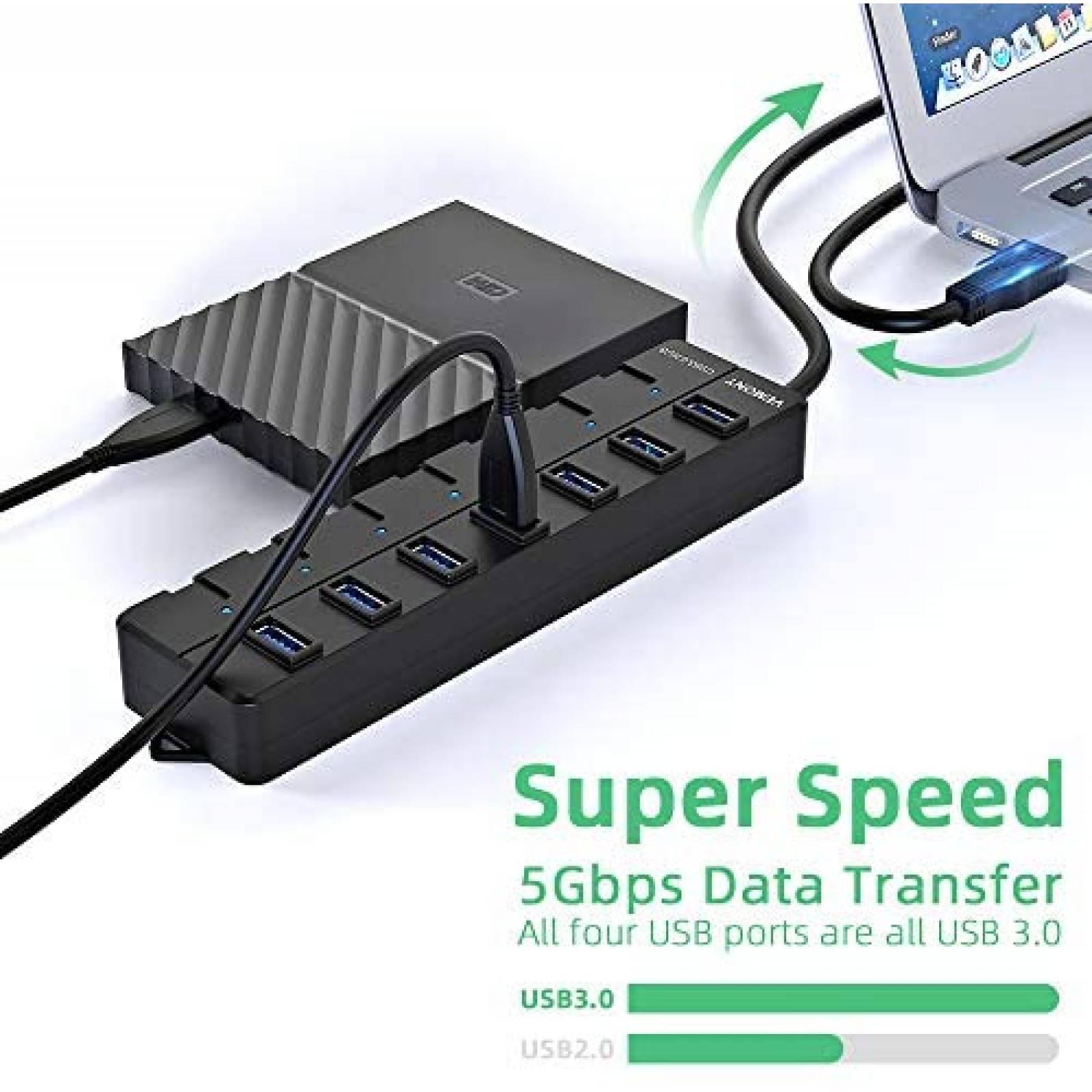 Adaptador USB VEMONT 7 puertos Extension Laptop -Negro