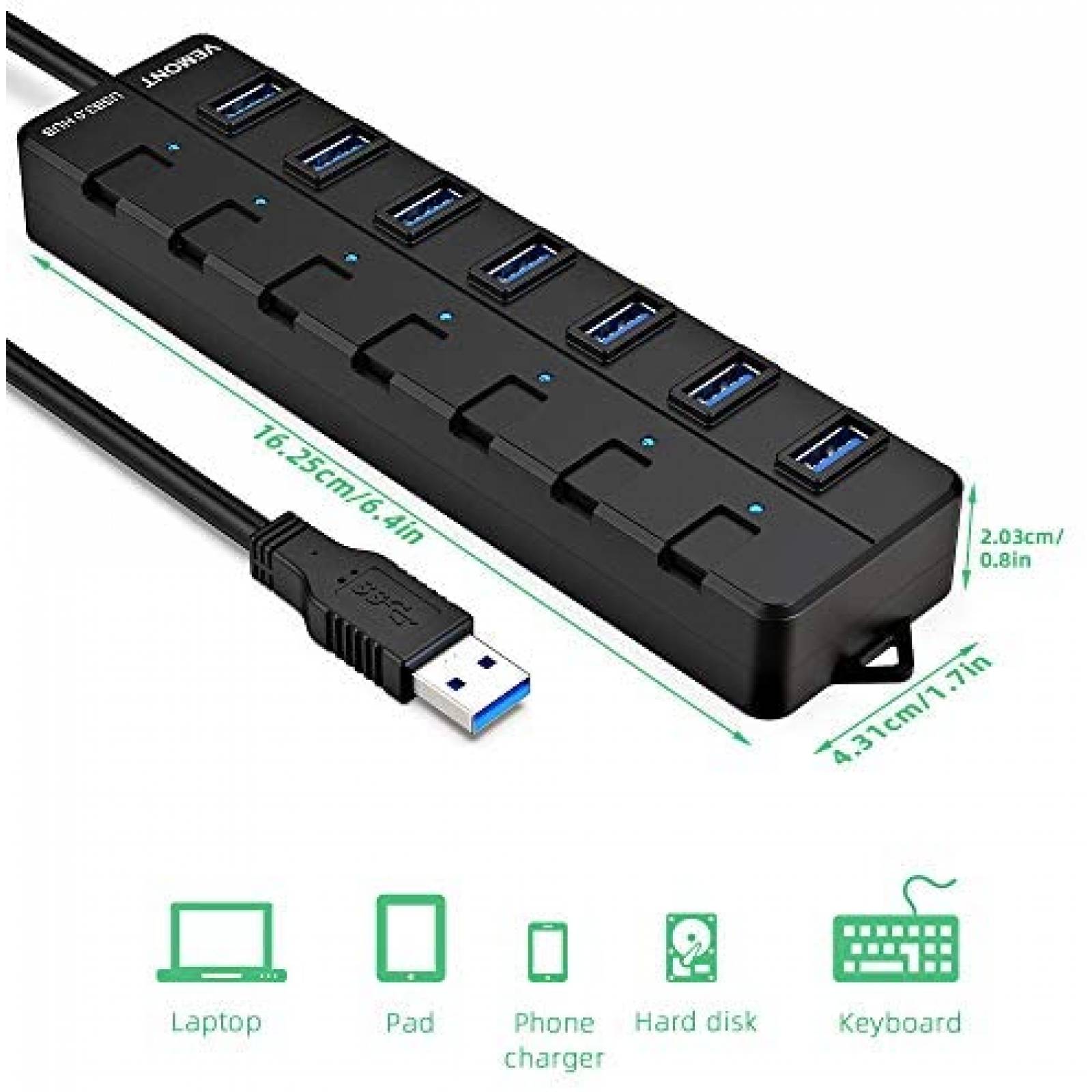 Adaptador USB VEMONT 7 puertos Extension Laptop -Negro