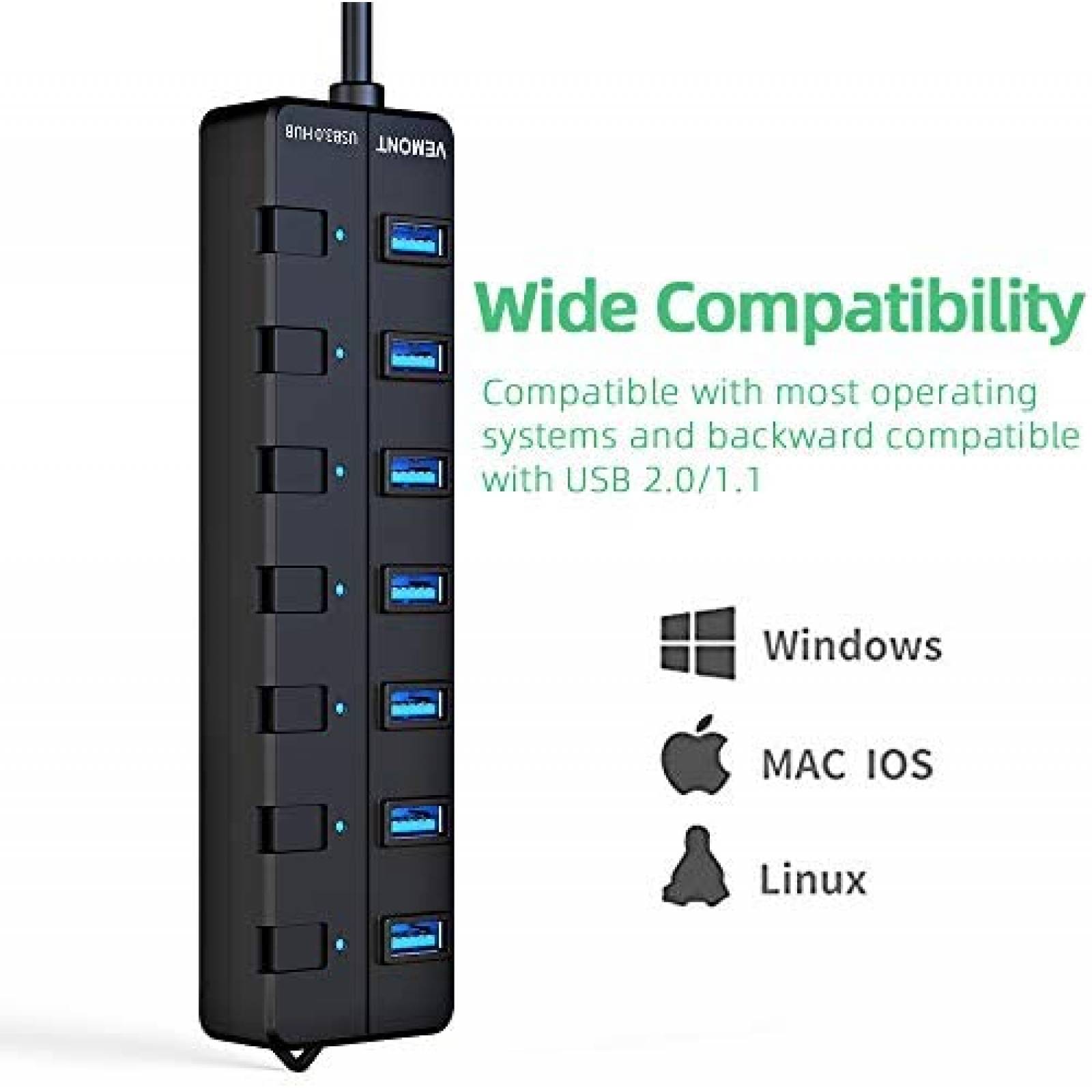 Adaptador USB VEMONT 7 puertos Extension Laptop -Negro