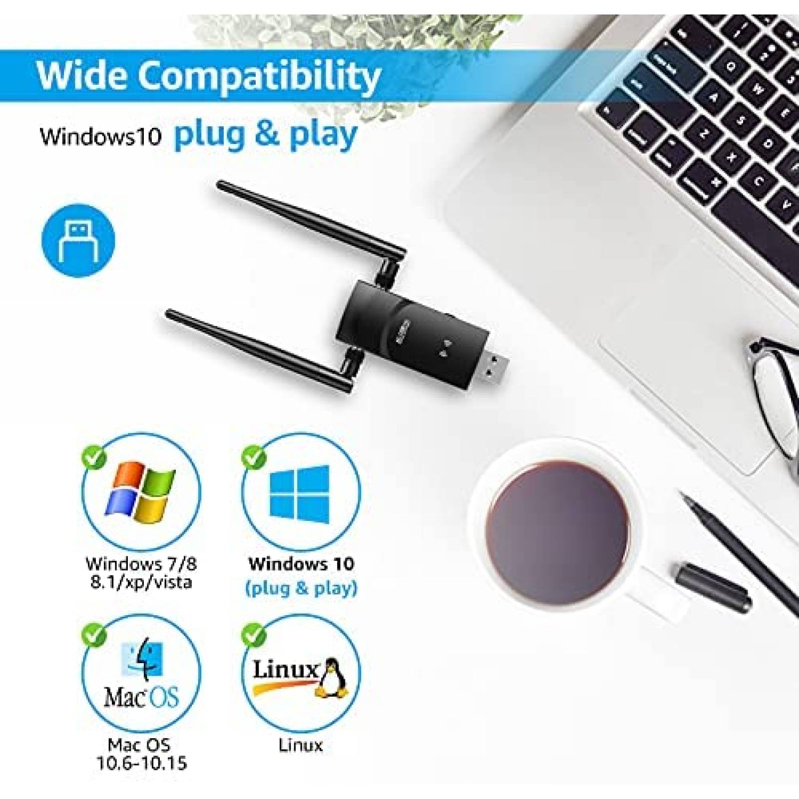 Adaptador WiFi USB para PC L-Link 1200Mbps Dual 5Dbi -Negro