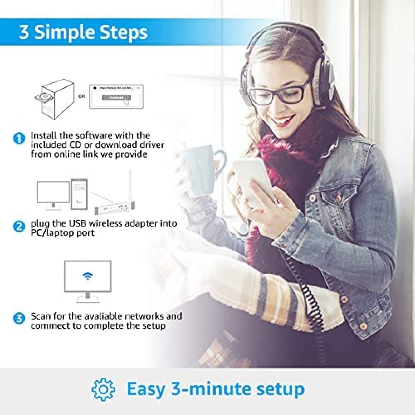 Adaptador WiFi USB para PC L-Link 1200Mbps Dual 5Dbi -Negro