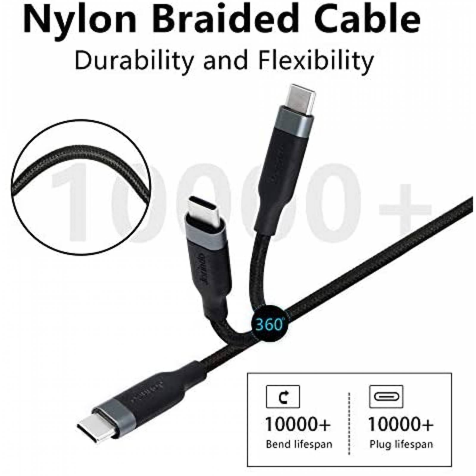 Cable USB CERRXIAN PD USB a Tipo C 6.5 Pies 100W -Negro