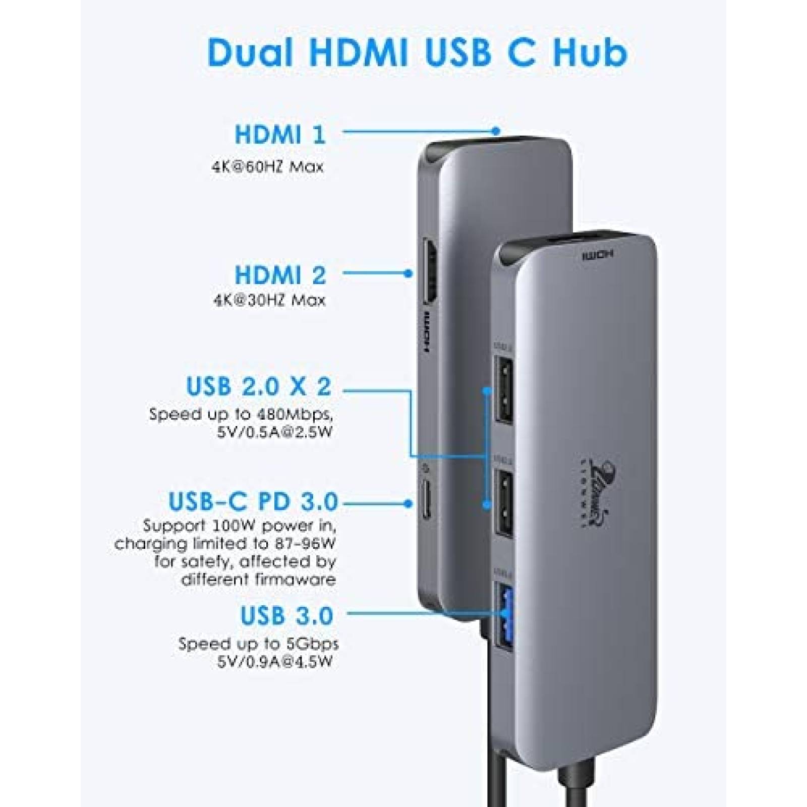 Hub USB C Dual LIONWEI HDMI/PD/USB/USB-C para Dell XPS -Gris