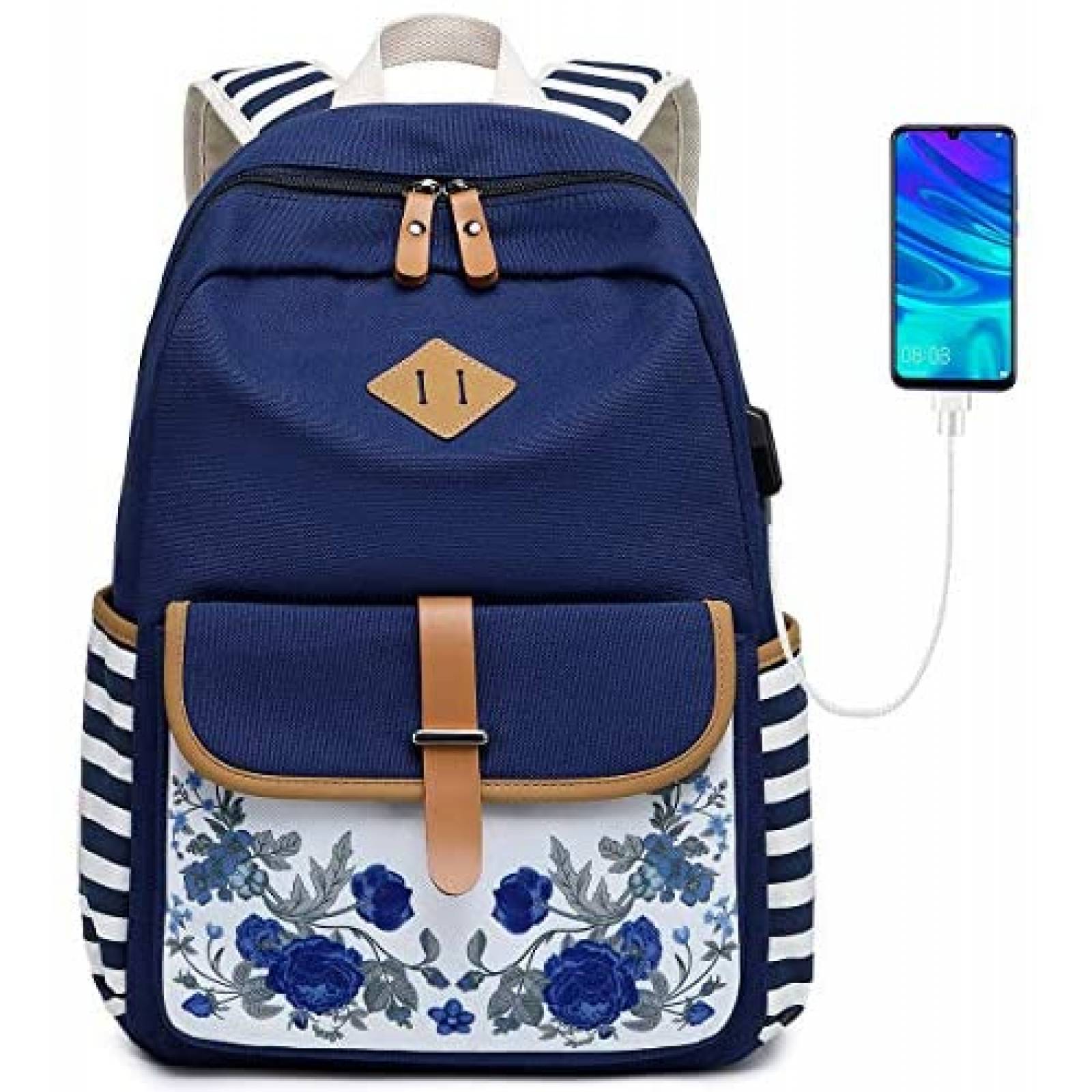 Mochila Goldwheat Canvas para Mujer con Cargador USB -Azul