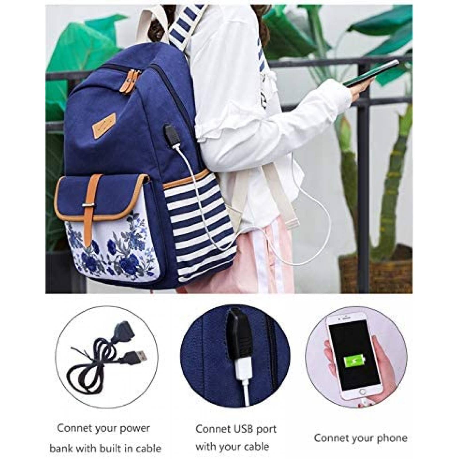 Mochila Goldwheat Canvas para Mujer con Cargador USB -Azul