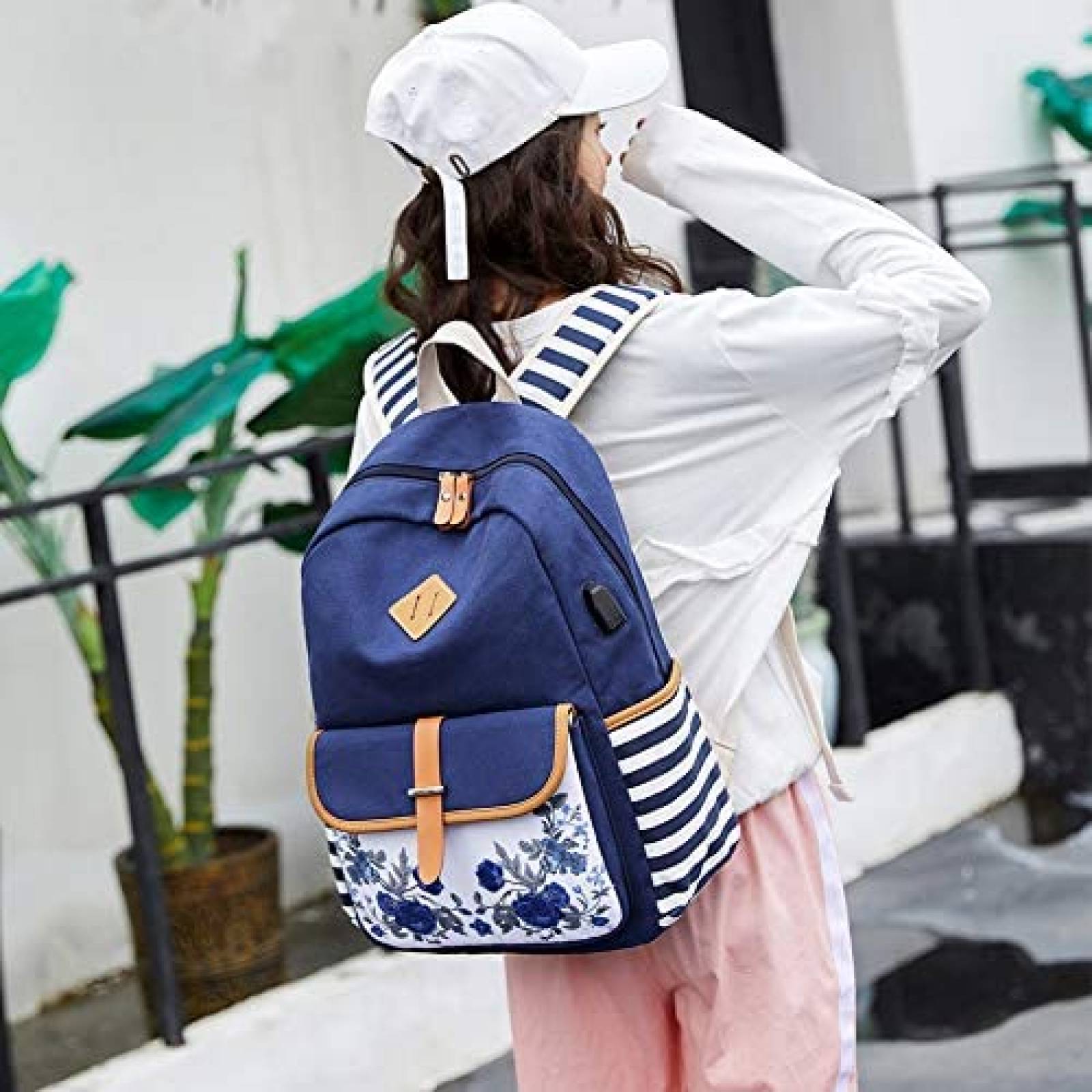 Mochila Goldwheat Canvas para Mujer con Cargador USB -Azul
