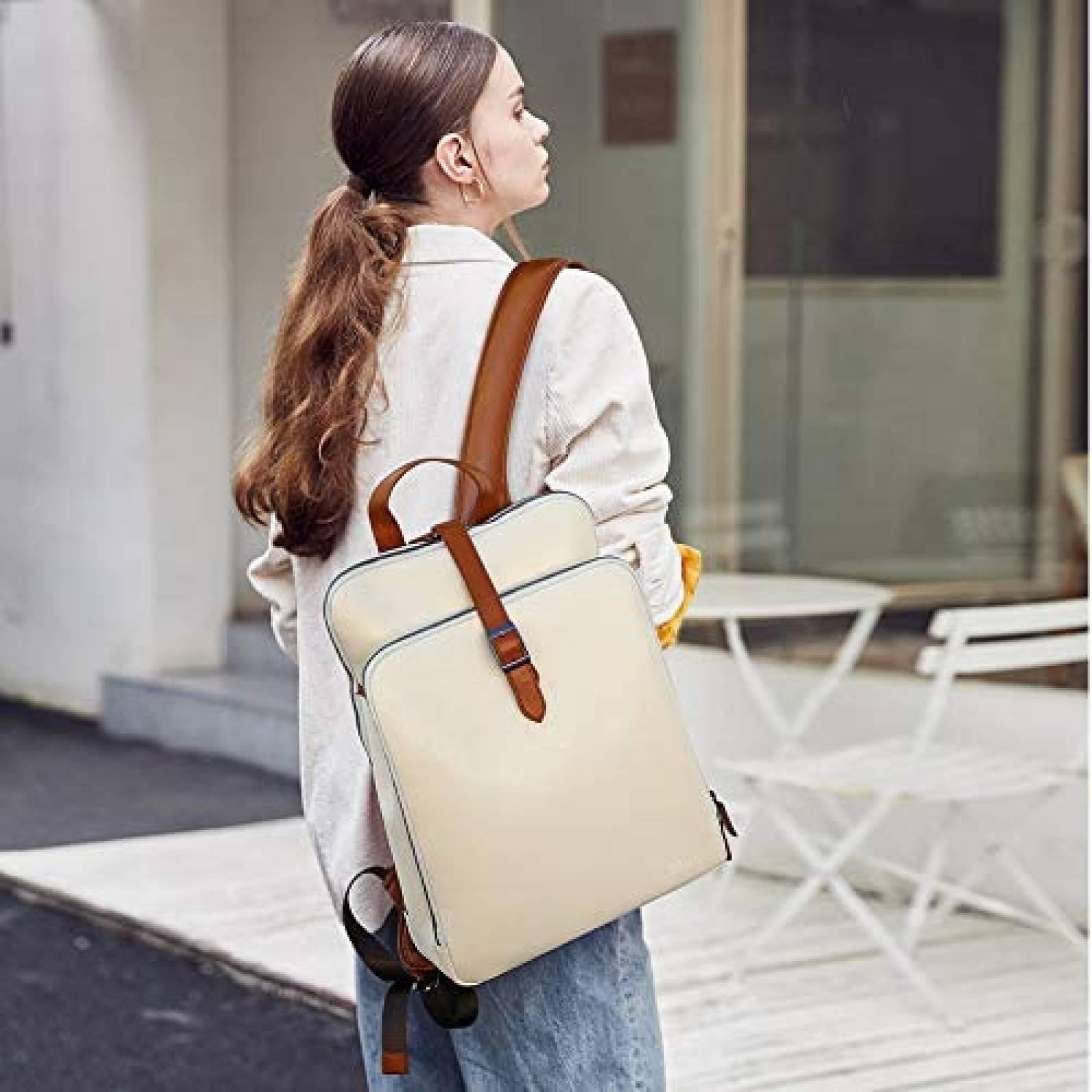 Mochila laptop CLUCI Vintage Larga 15.6" Trasera -Blanco