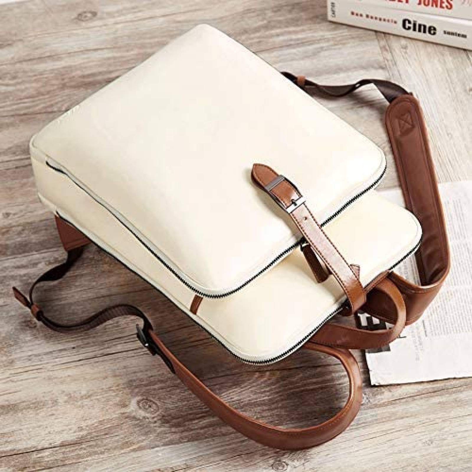 Mochila laptop CLUCI Vintage Larga 15.6" Trasera -Blanco