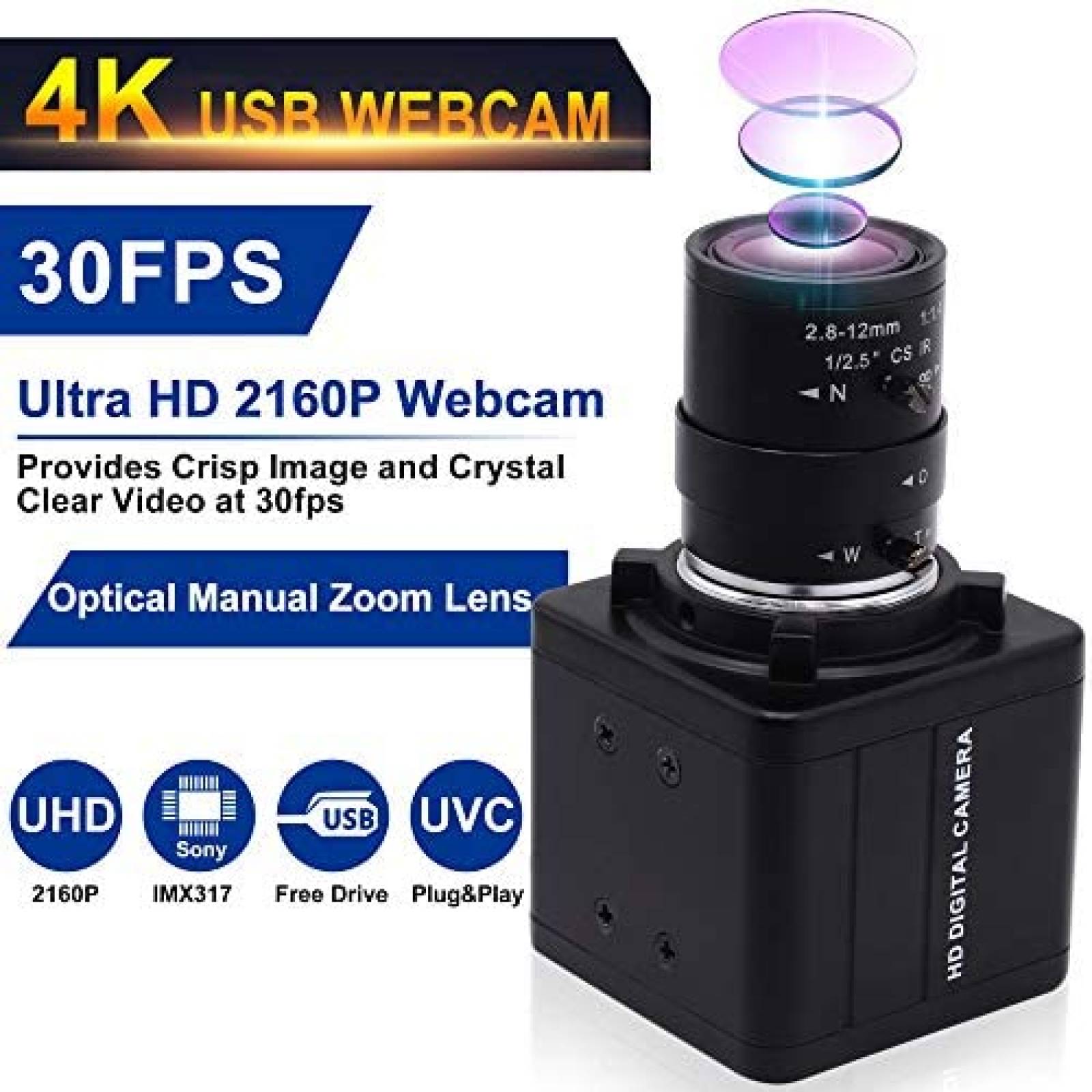 Camara web USB ALPCAM 2160P 4K 5X 2.8-12mm varifocal -Negro