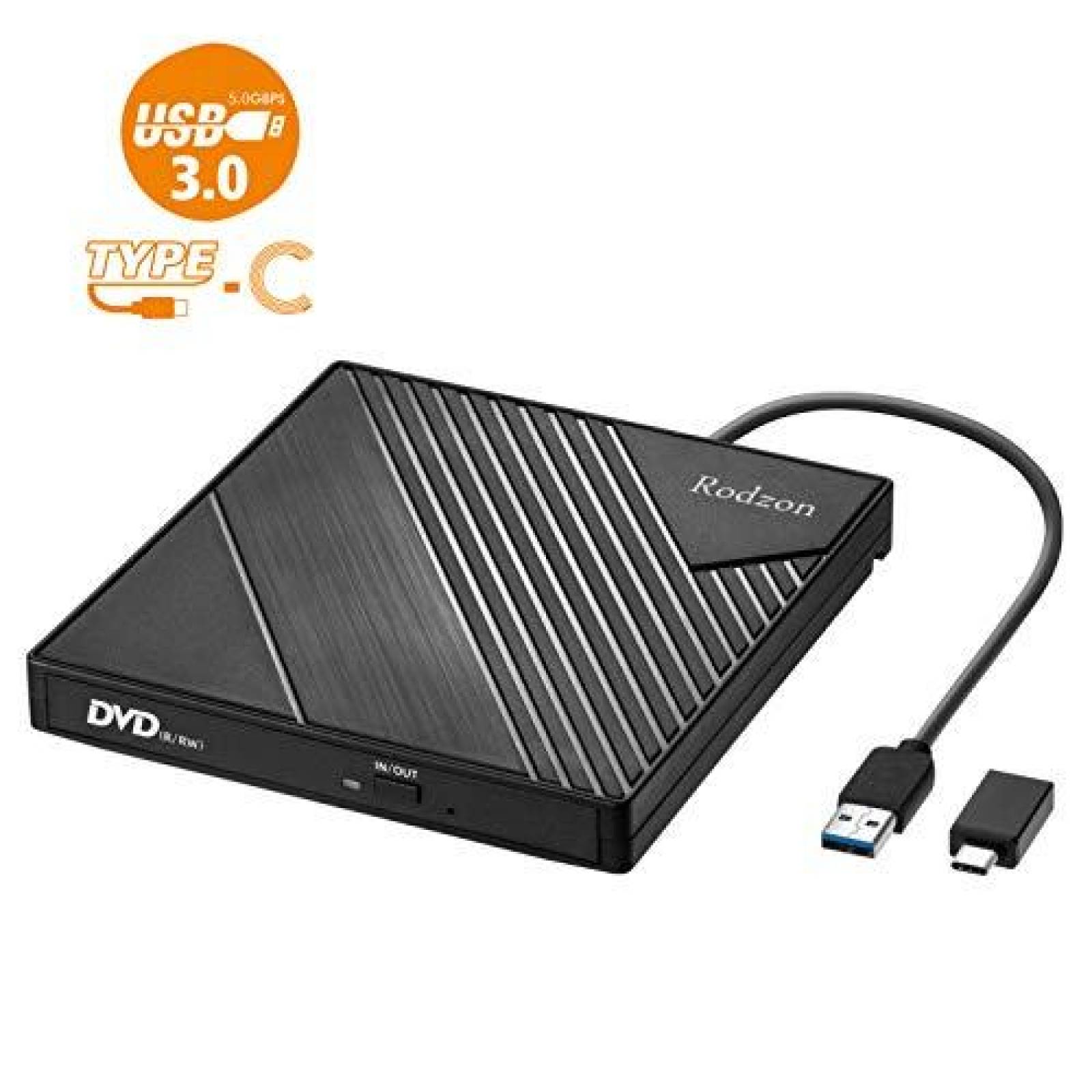 Unidad CD DVD +/-RW externa Rodzon Rioddas USB-C 3.0 -Negro