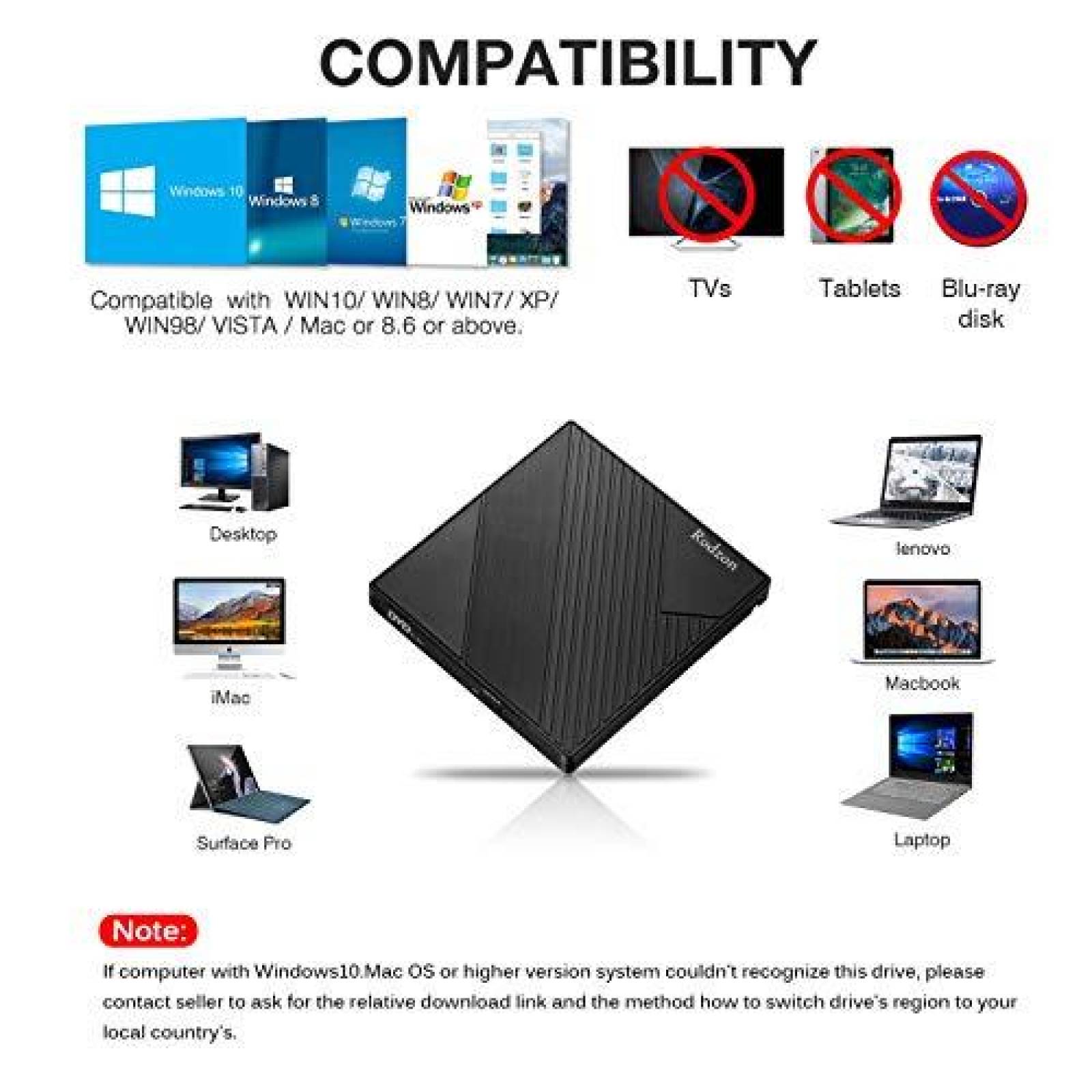 Unidad CD DVD +/-RW externa Rodzon Rioddas USB-C 3.0 -Negro