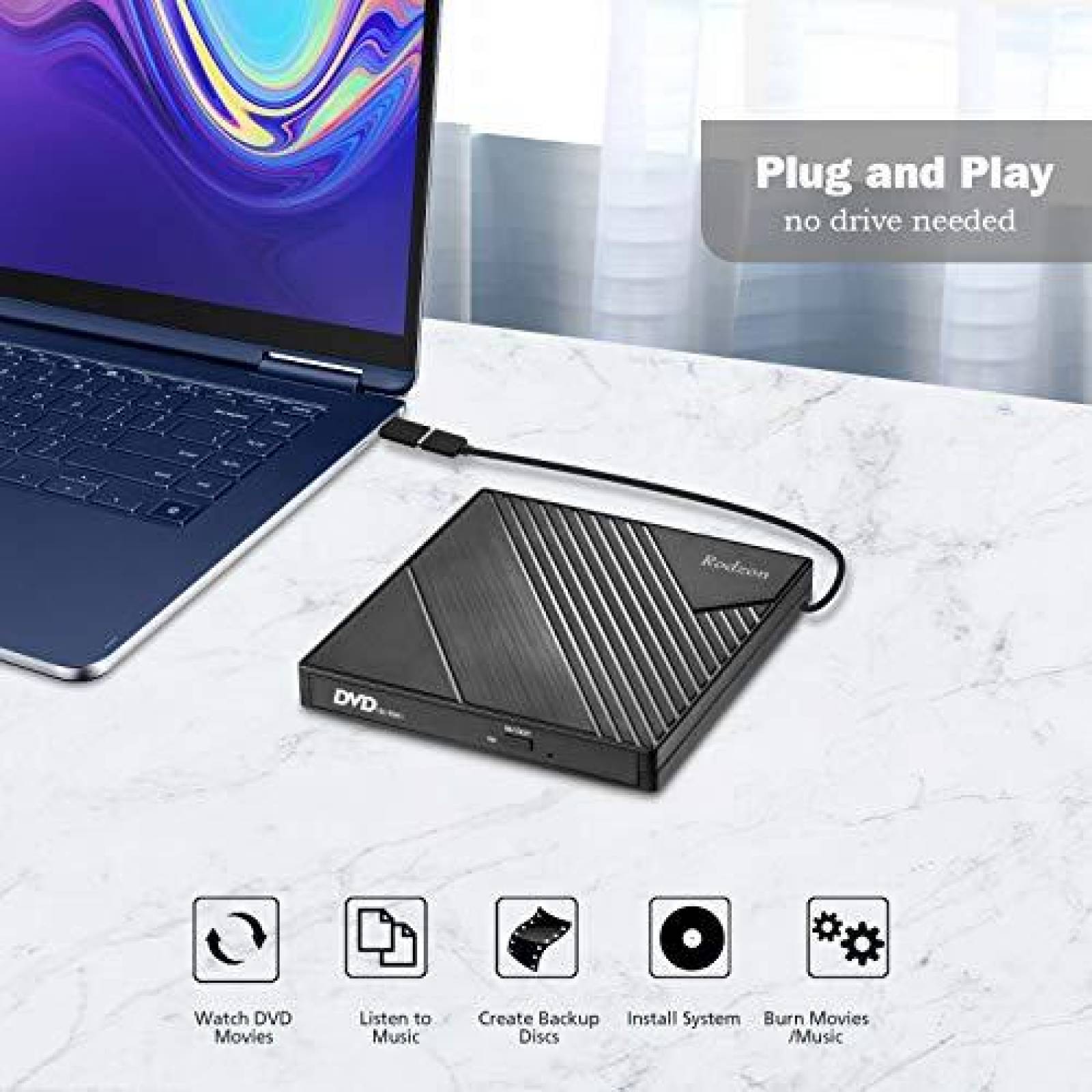Unidad CD DVD +/-RW externa Rodzon Rioddas USB-C 3.0 -Negro