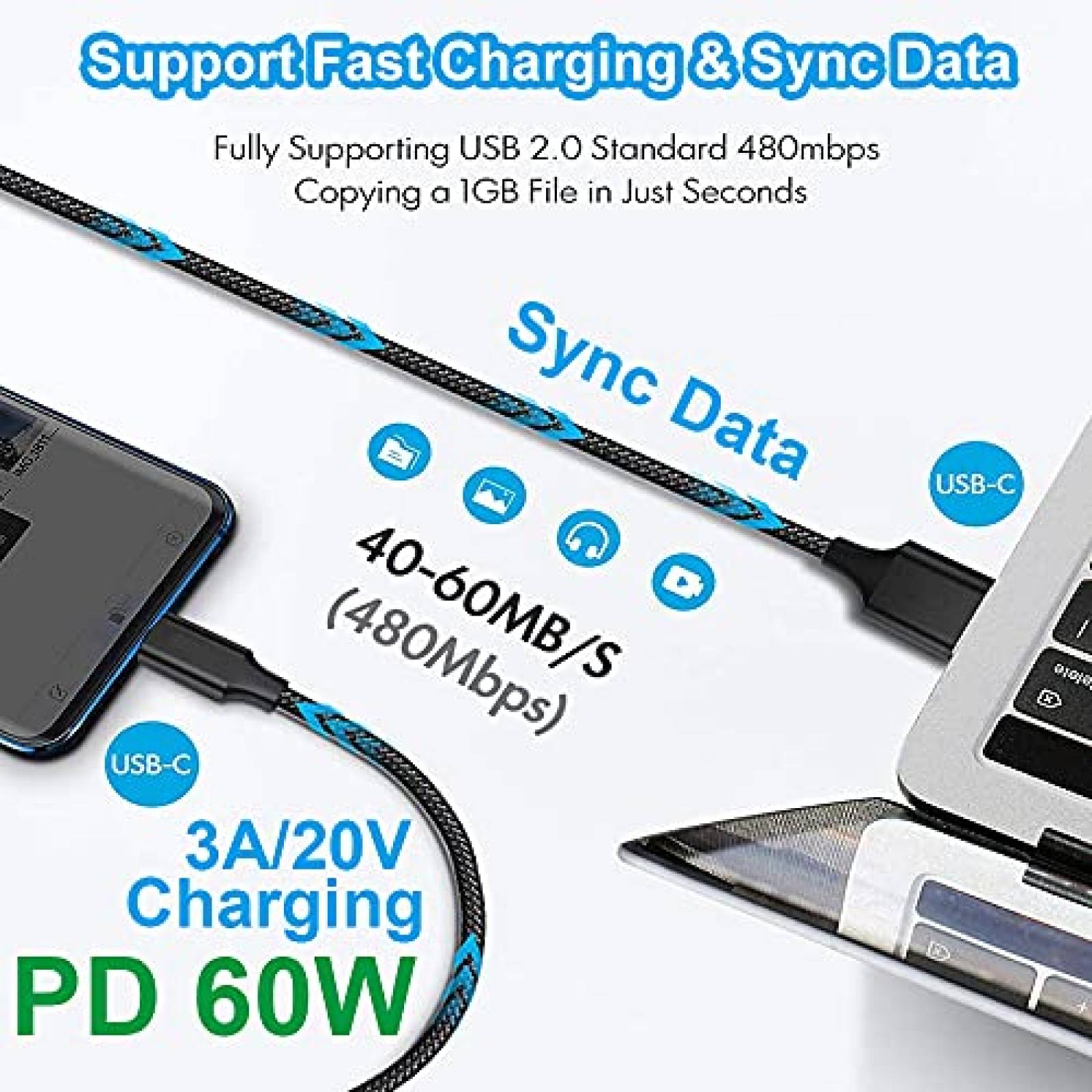 Cable Cargador CLZWiiN 2 Pzs 6.6ft USB C a USB C -Negro