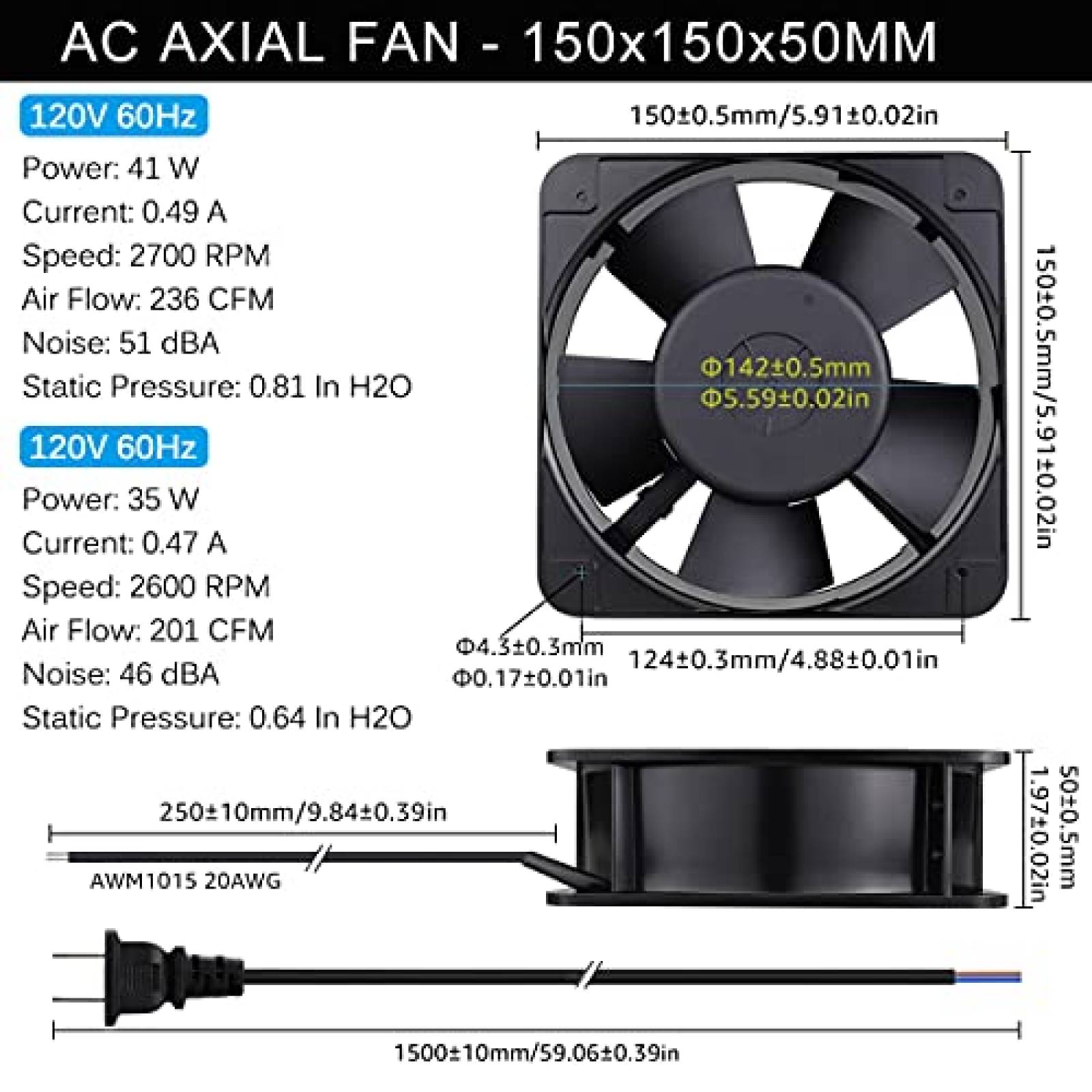 Ventilador para PC GDSTIME AXIAL 15050 150mm 120V -Negro