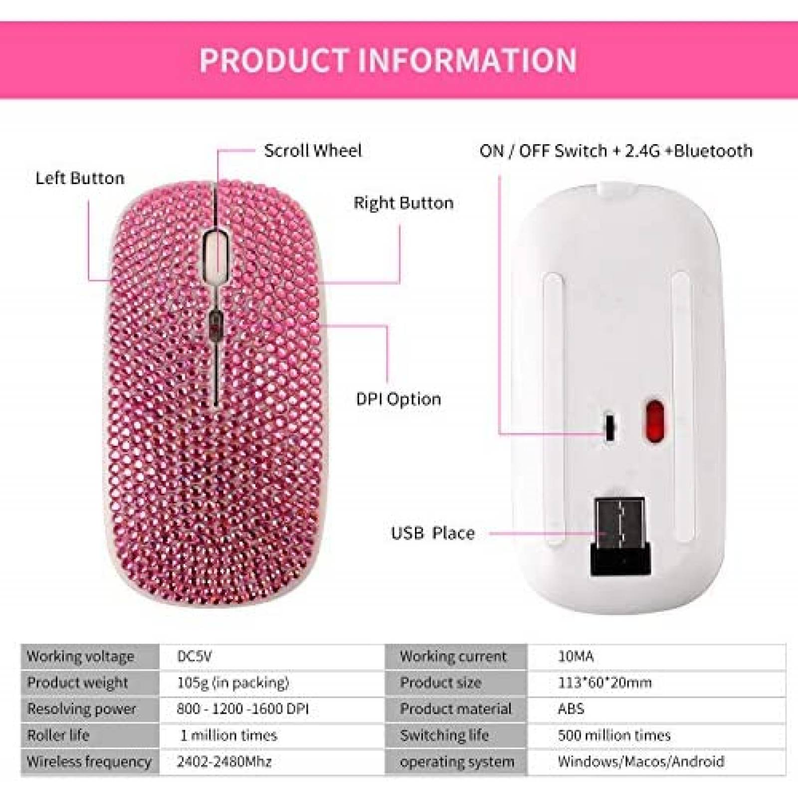 Mouse Greshare Inalambrico 2.4Ghz RGB Con Brillos -Rosa