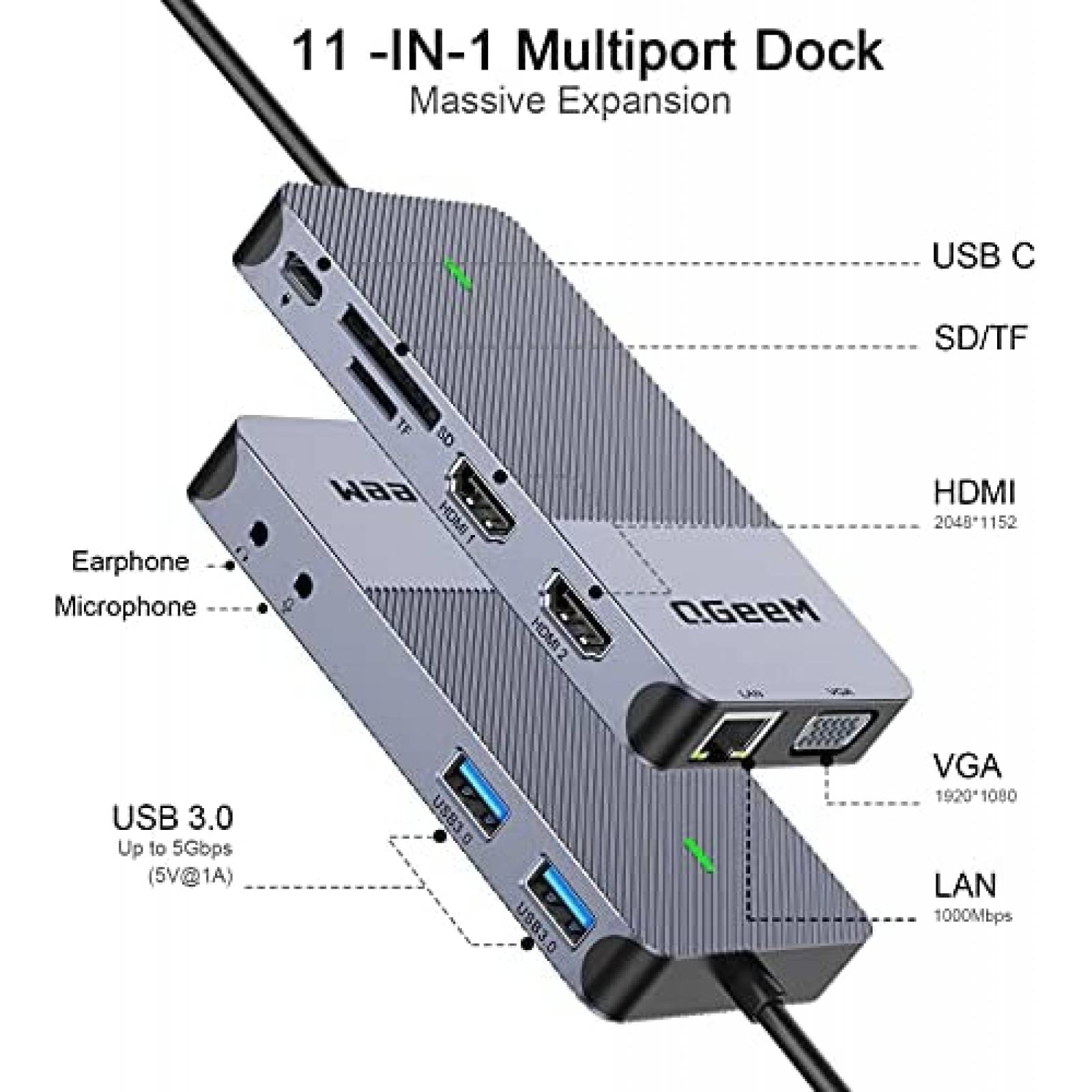 Adaptador QGeeM D3908 USB 3.0 Tipo C HDMI VGA -Gris