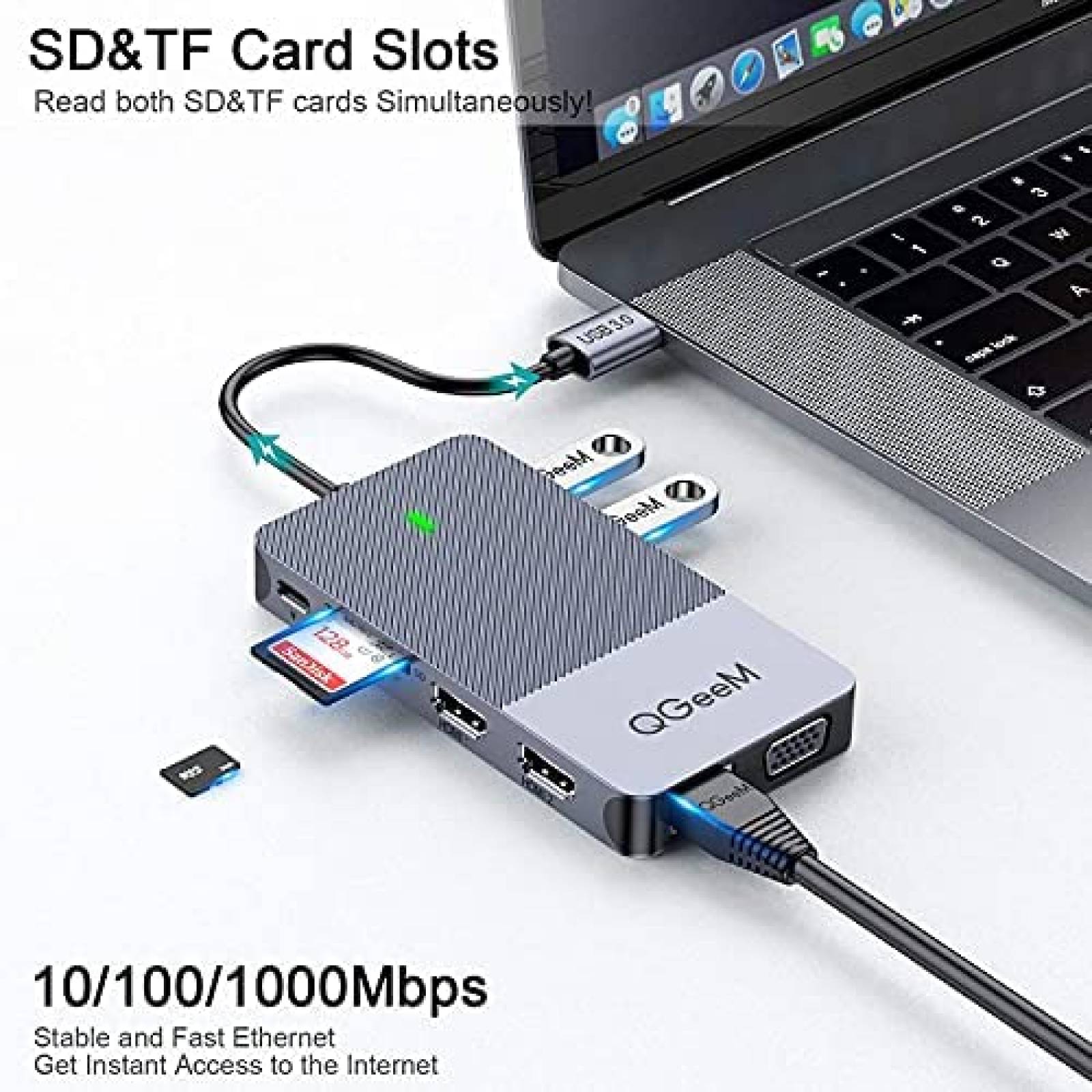 Adaptador QGeeM D3908 USB 3.0 Tipo C HDMI VGA -Gris
