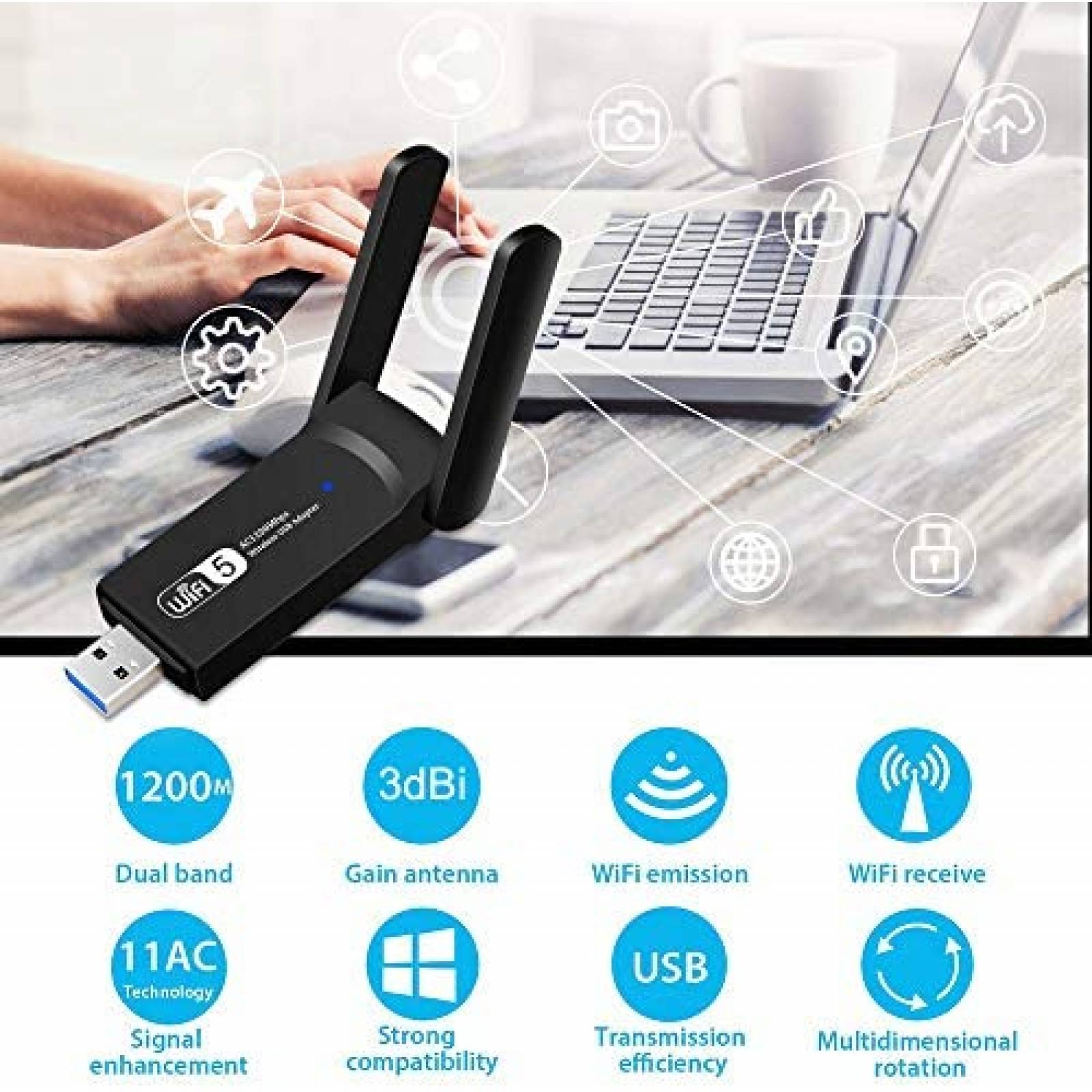 Adaptador WiFi NETVIP Inalambrico USB compatible -Negro