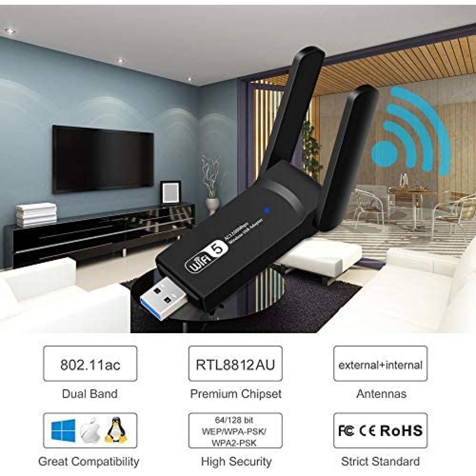 Adaptador WiFi NETVIP Inalambrico USB compatible -Negro