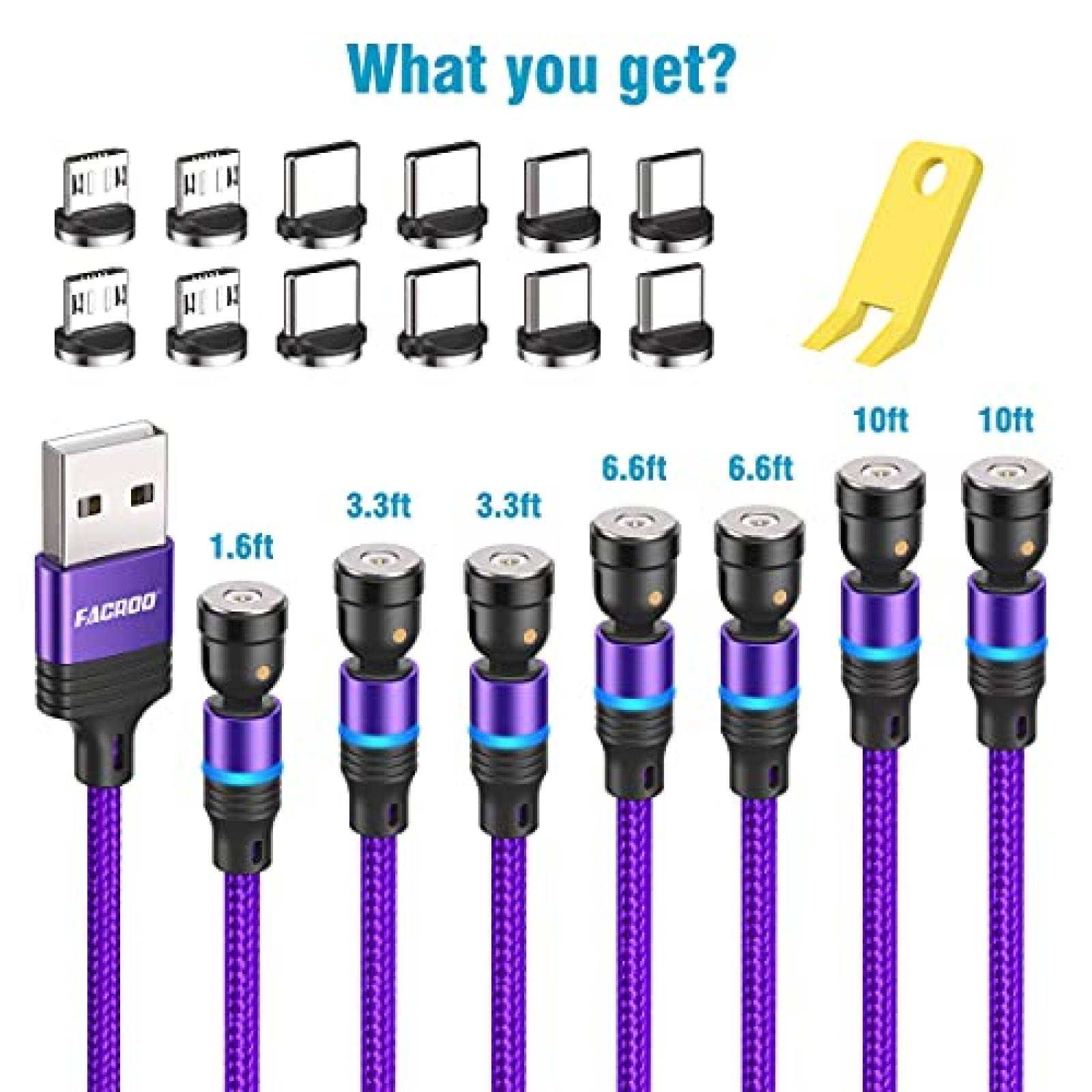 Cable de carga FACROO magnetico 3 en 1 Paquete de 7 -Morado
