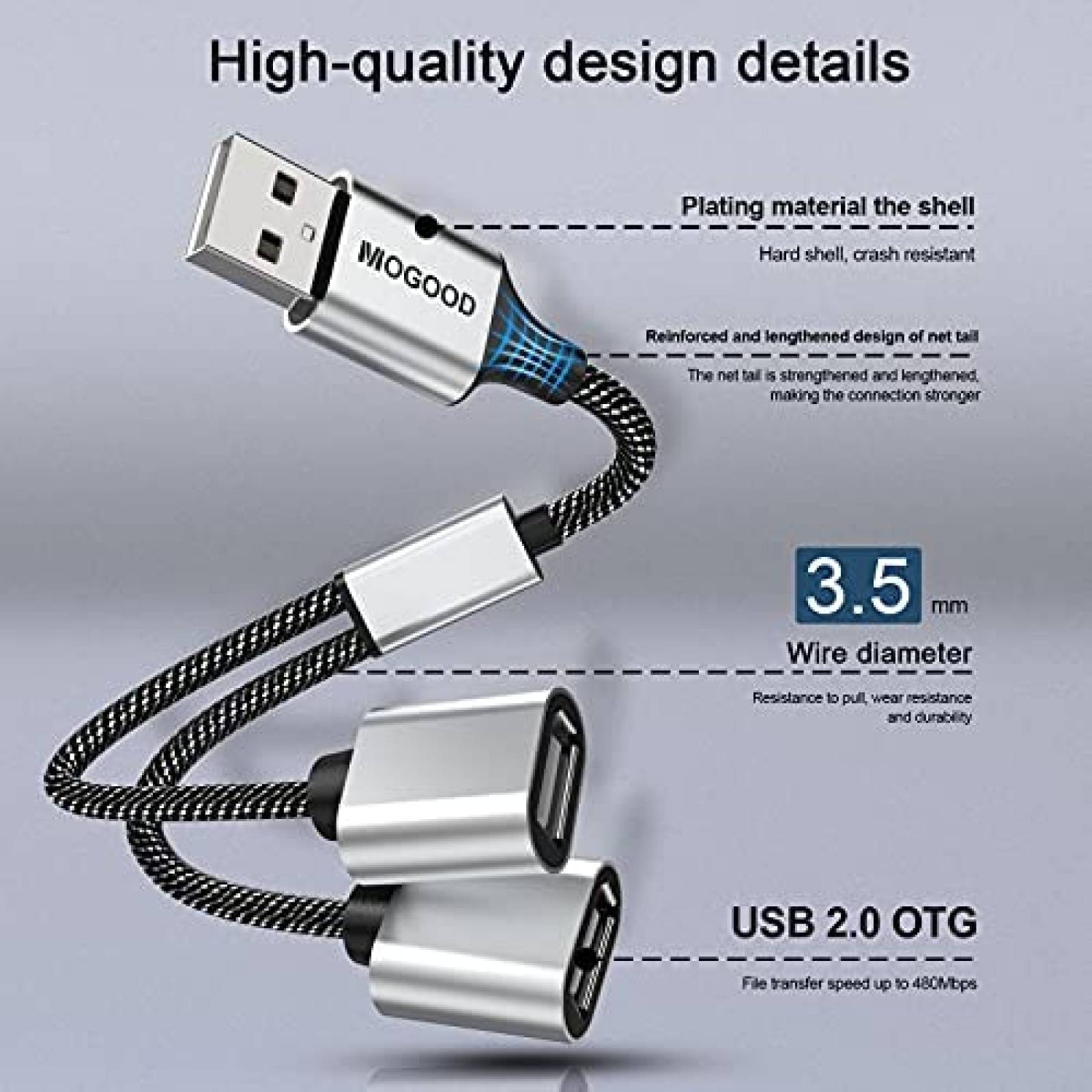 Cable MOGOOD Divisor USB 2.0 480 Mbps 1,5 Amperios -Silver