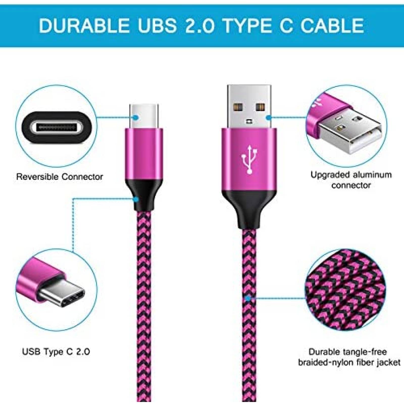 Cable USB HopePow Tipo C carga rapida 3 unidades -Rosa