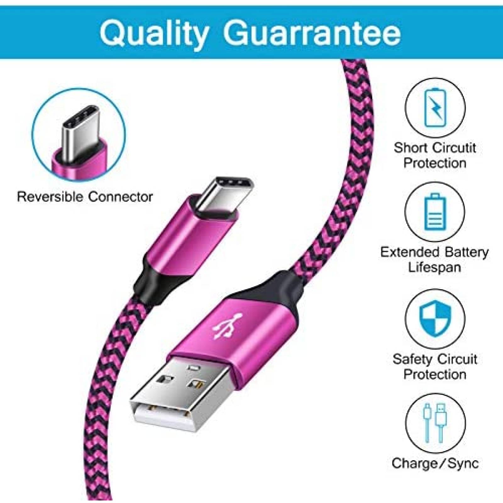 Cable USB HopePow Tipo C carga rapida 3 unidades -Rosa