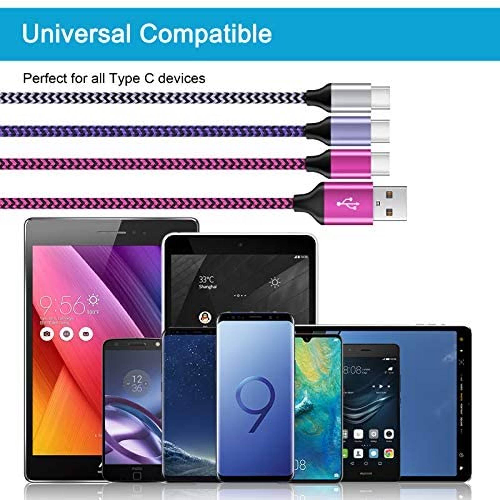Cable USB HopePow Tipo C carga rapida 3 unidades -Rosa