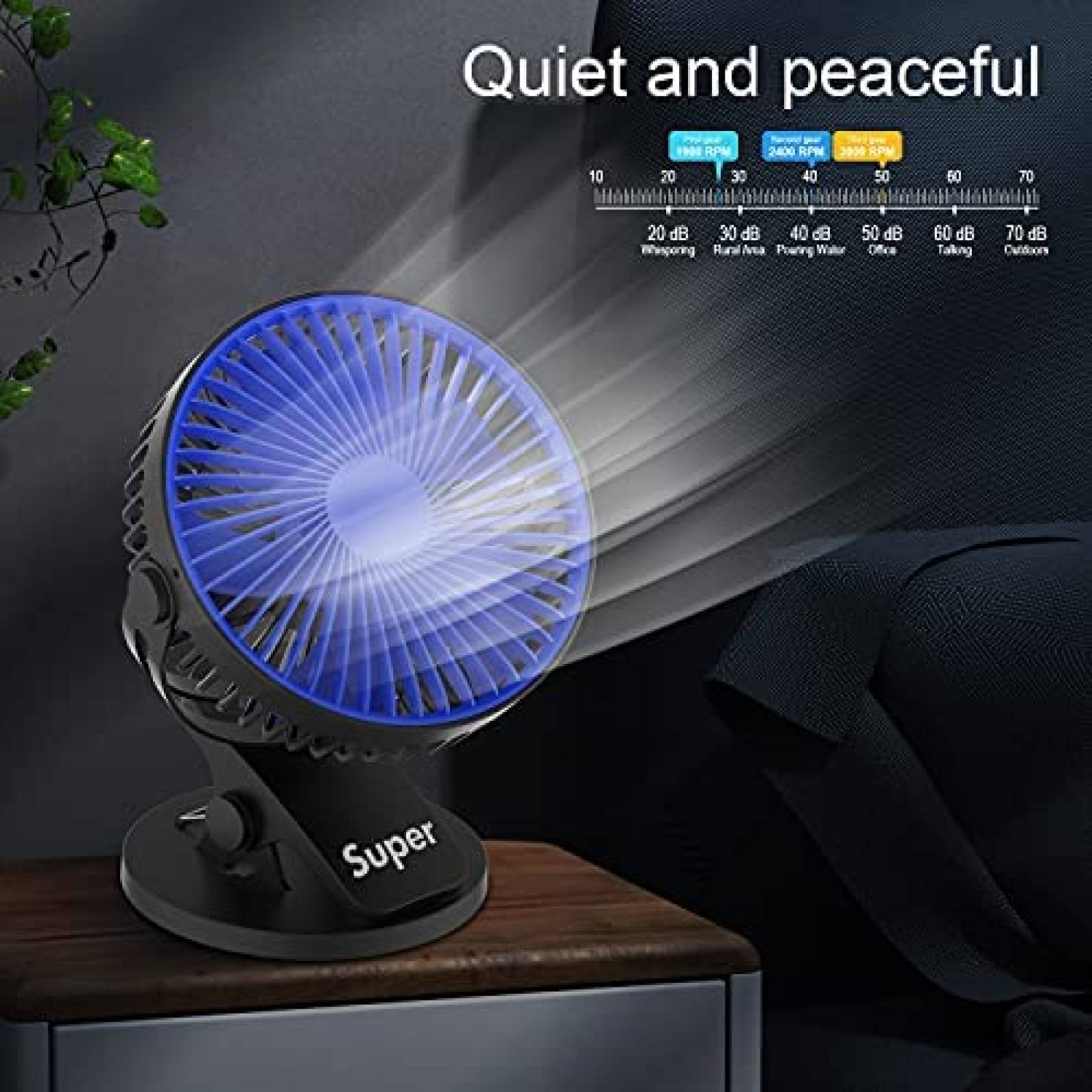 Ventilador de escritorio Supermi USB de 3 velocidades -Azul